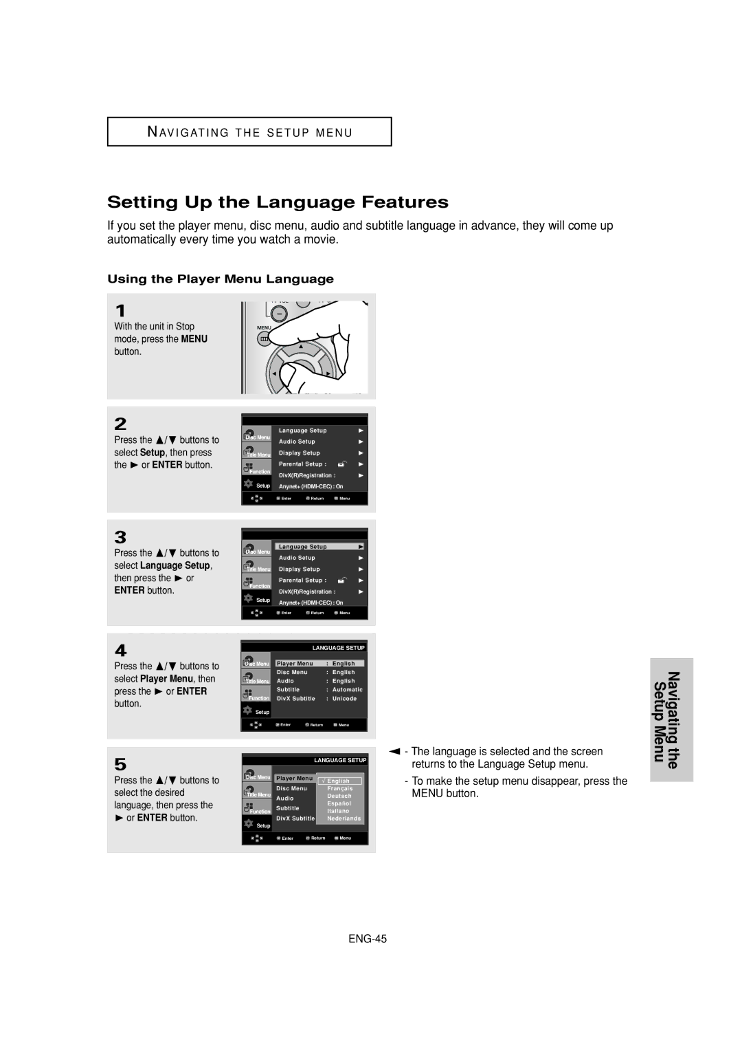 Samsung DVD-1080P7 manual Setting Up the Language Features, Using the Player Menu Language,  or Enter button 