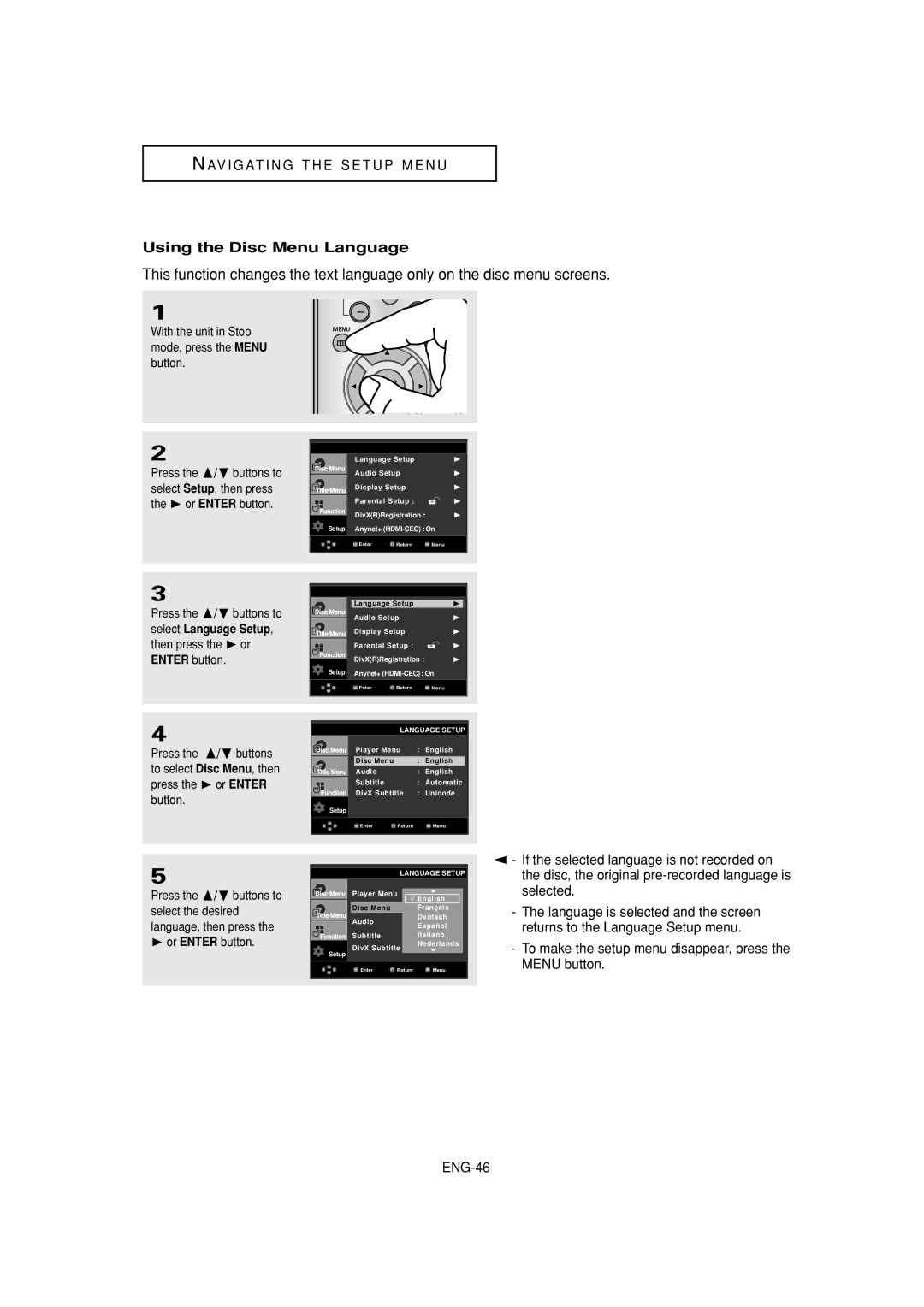 Samsung DVD-1080P7 manual Using the Disc Menu Language 