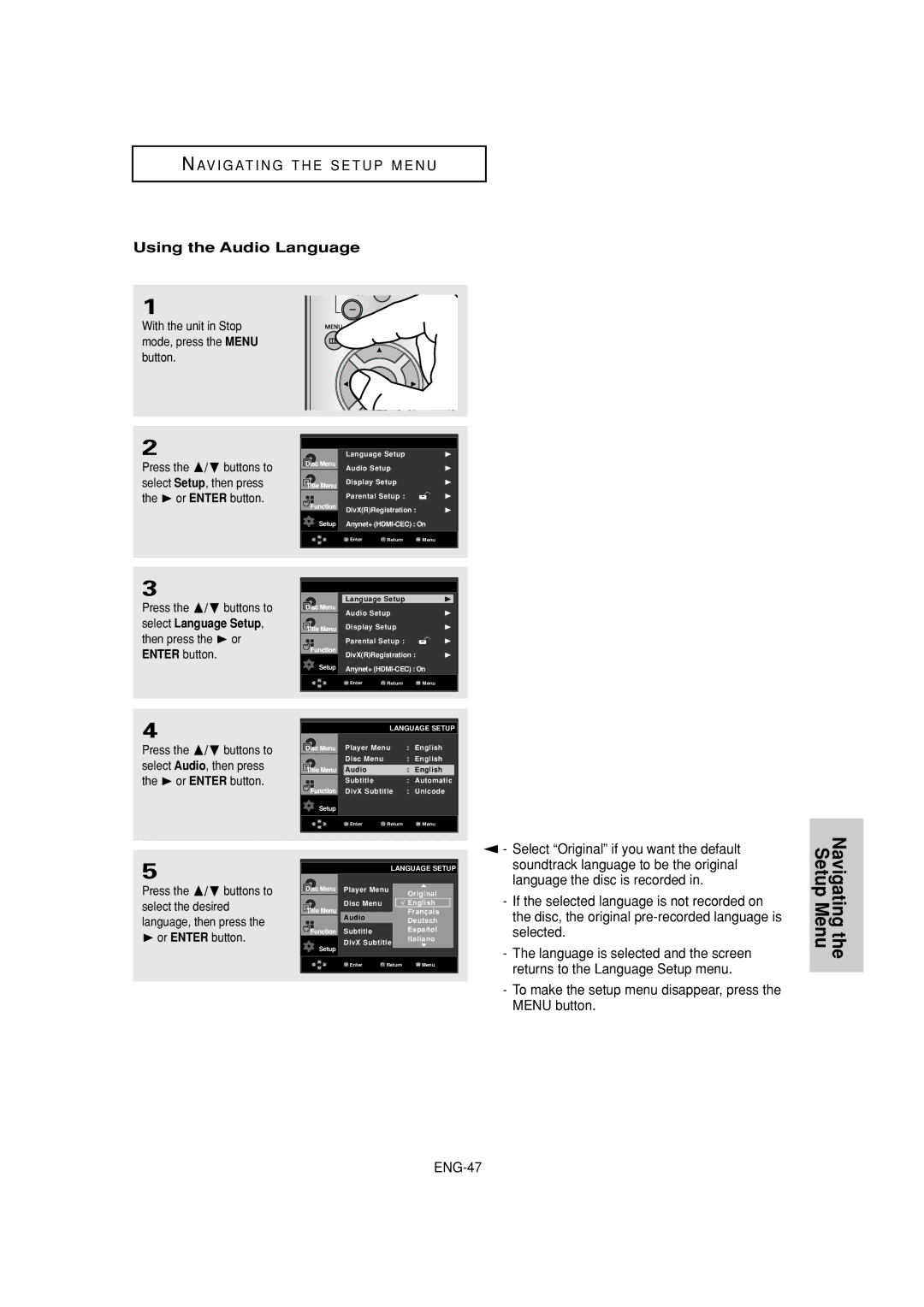 Samsung DVD-1080P7 manual Using the Audio Language, Press the / buttons to, Select Setup, then press 