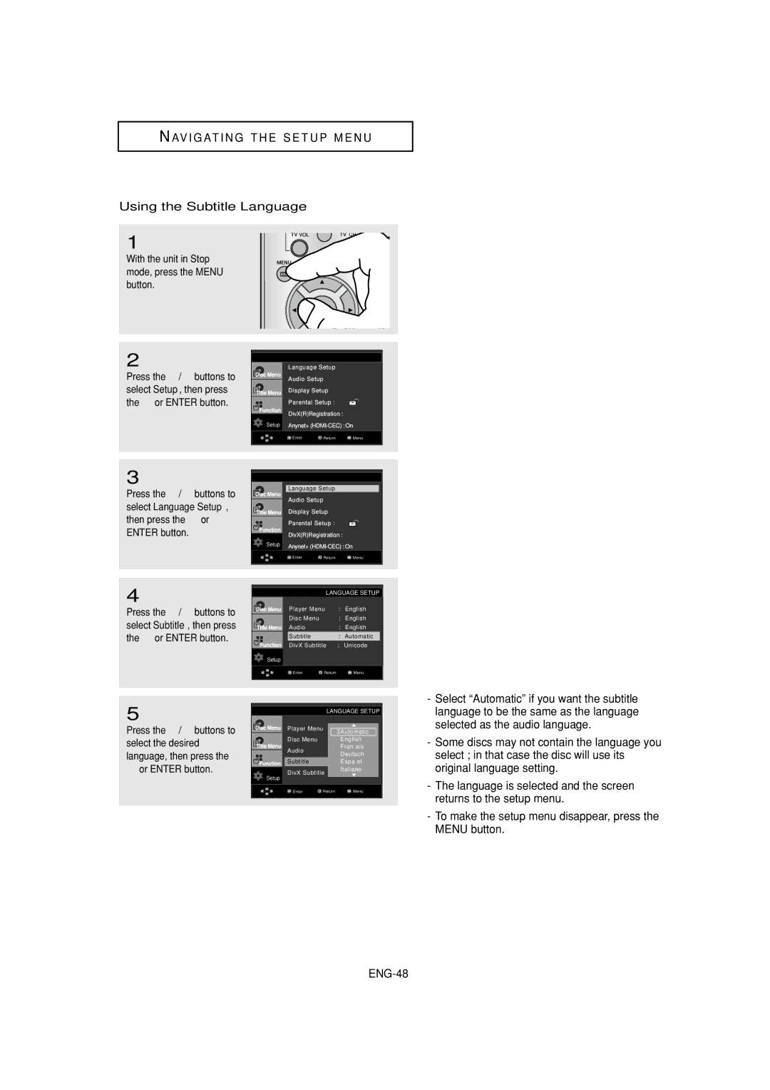 Samsung DVD-1080P7 manual Using the Subtitle Language, Some discs may not contain the language you 