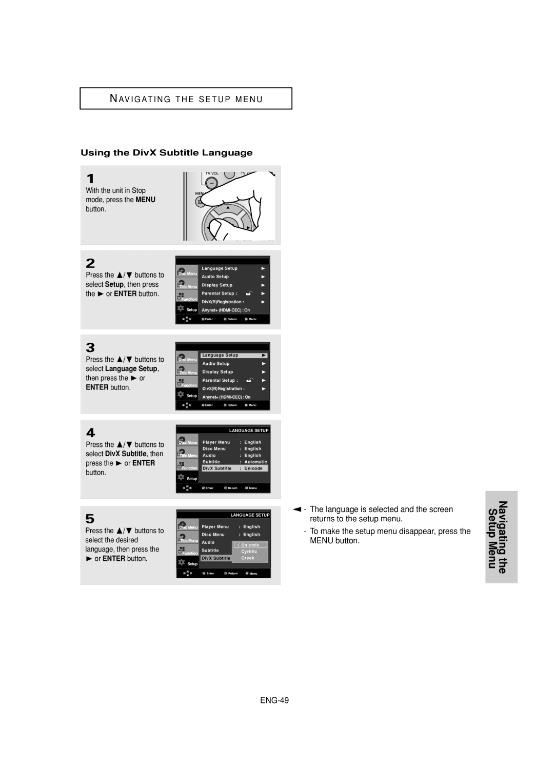 Samsung DVD-1080P7 manual Navigating the Setup Menu, Using the DivX Subtitle Language 