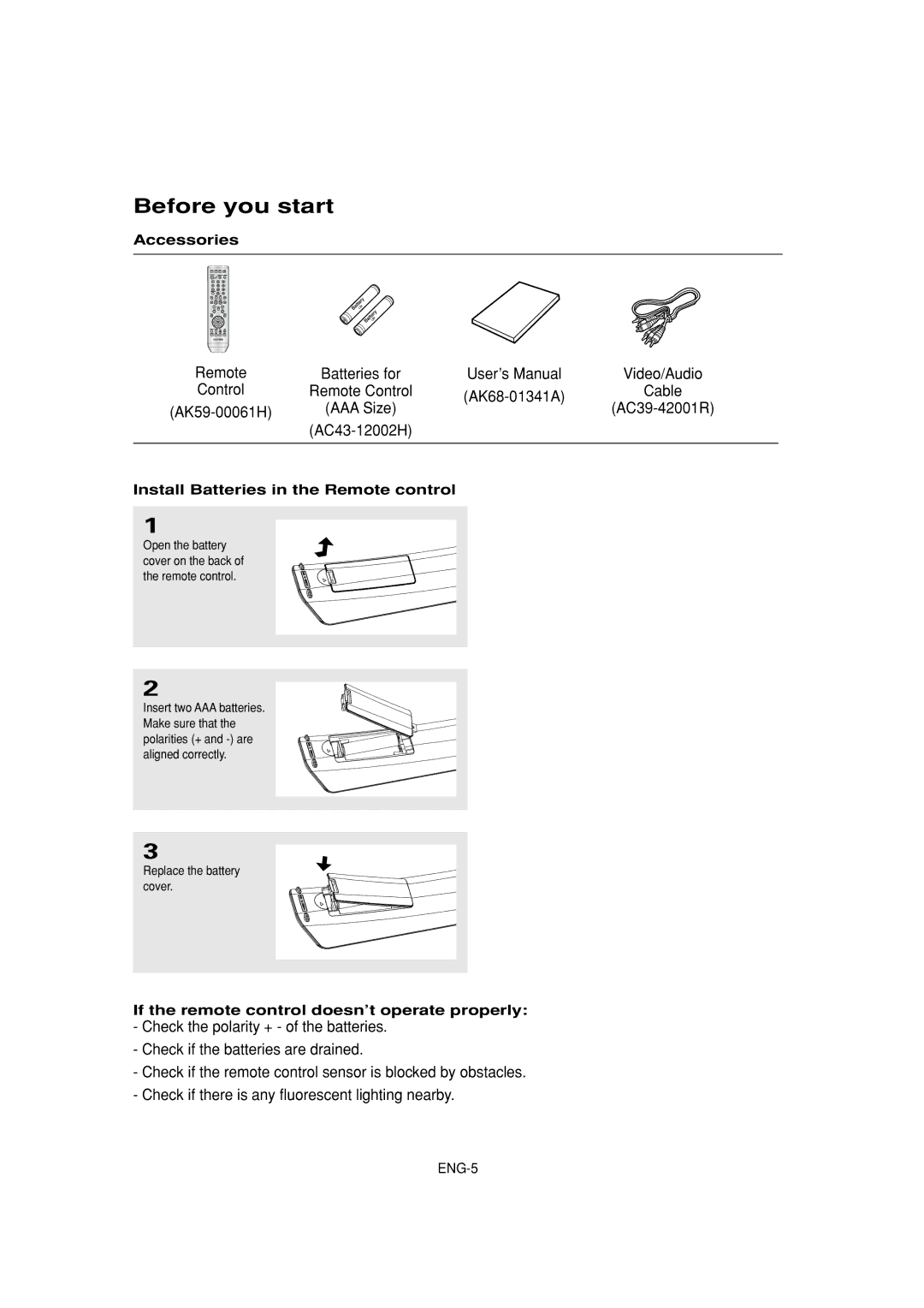 Samsung DVD-1080P7 manual Before you start, Accessories, Install Batteries in the Remote control, Replace the battery cover 