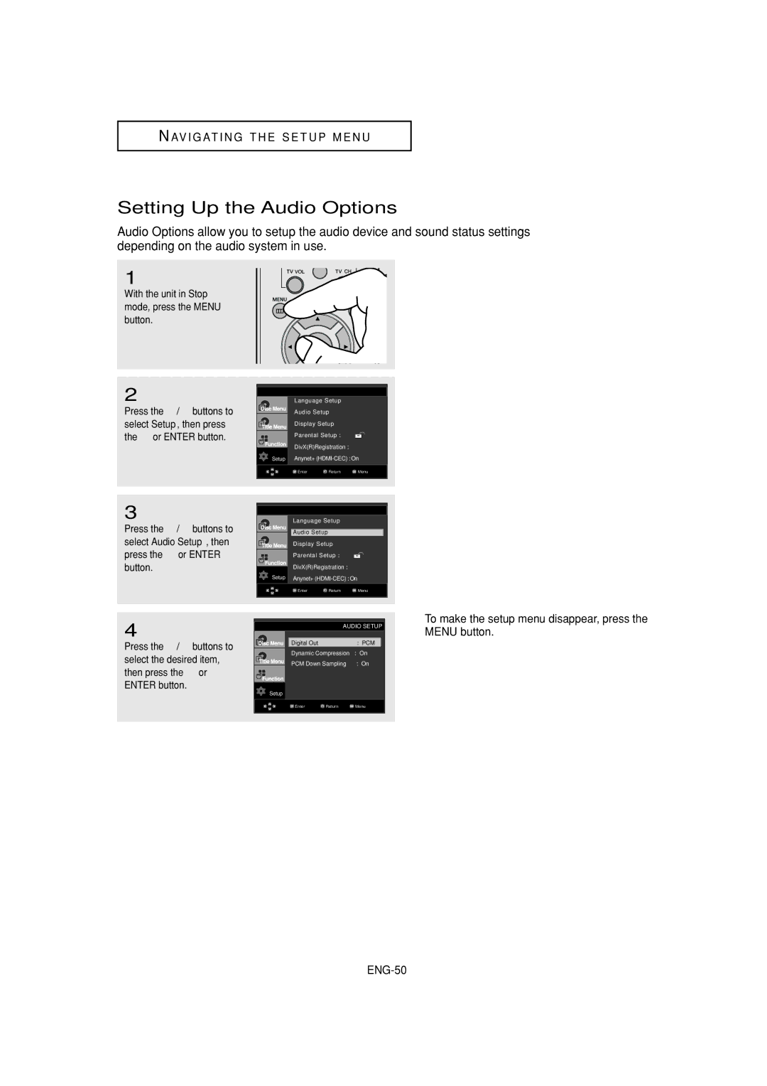 Samsung DVD-1080P7 manual Setting Up the Audio Options 