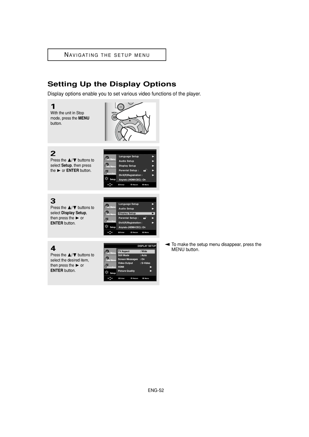 Samsung DVD-1080P7 manual Setting Up the Display Options 