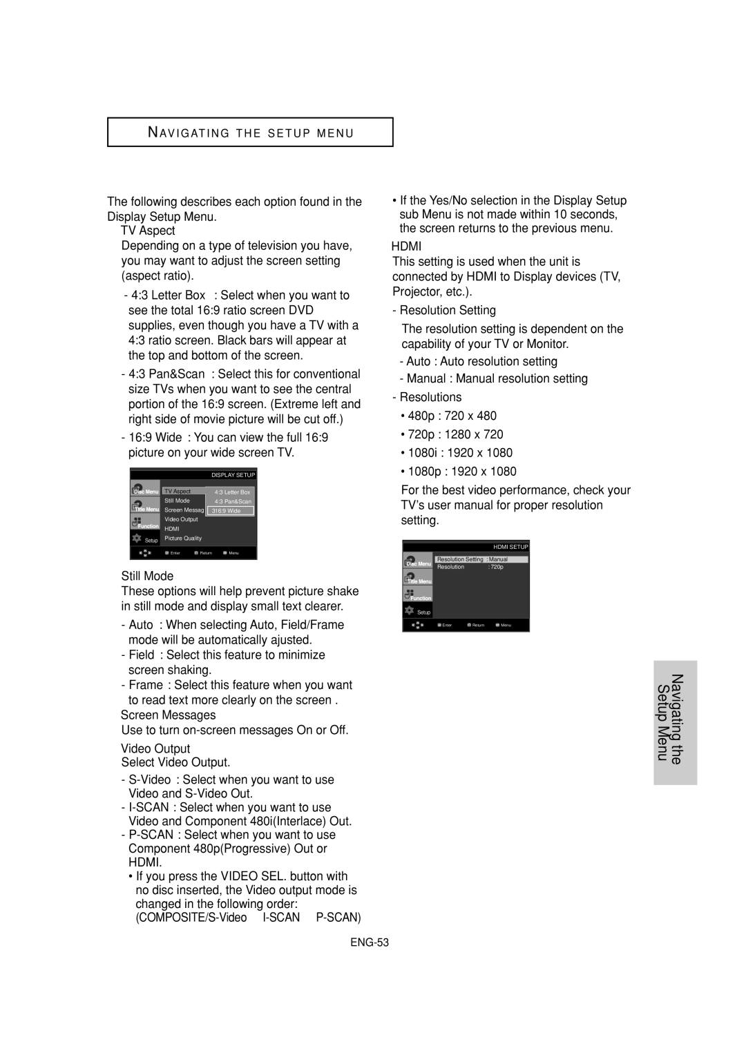 Samsung DVD-1080P7 ❶ TV Aspect, ❷ Still Mode, ❸ Screen Messages, ❹ Video Output Select Video Output, Resolution Setting 