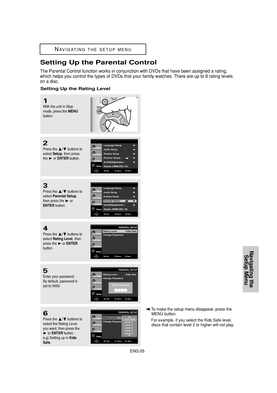 Samsung DVD-1080P7 manual Setting Up the Parental Control, Setting Up the Rating Level 