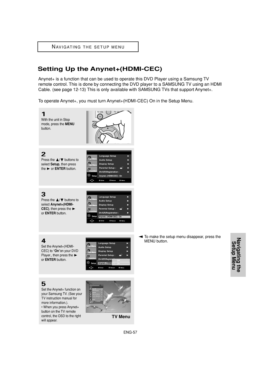 Samsung DVD-1080P7 Setting Up the Anynet+HDMI-CEC, TV Menu, Select Anynet+HDMI, CEC, then press the  or Enter button 