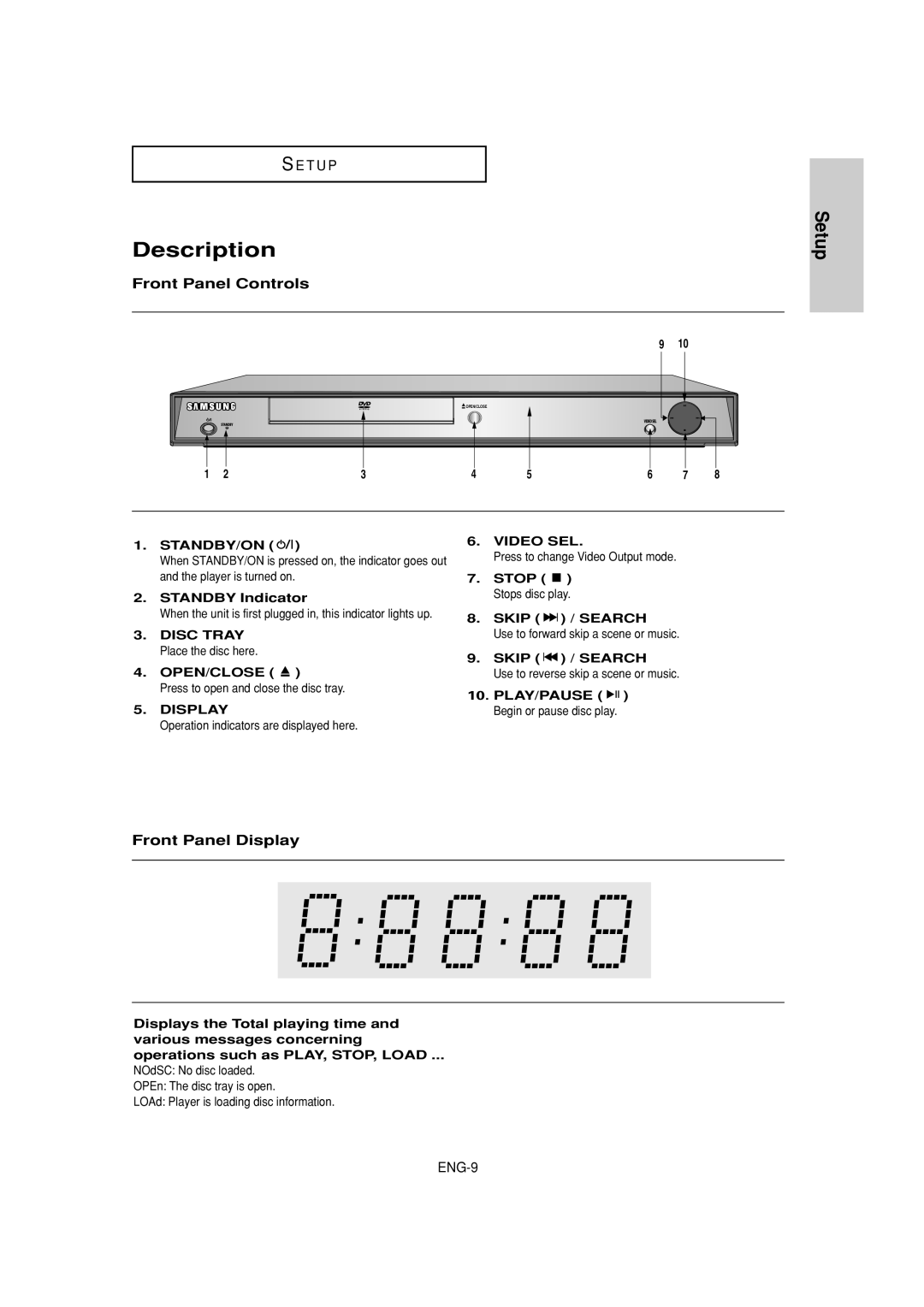 Samsung DVD-1080P7 manual Description, Front Panel Controls, Front Panel Display 