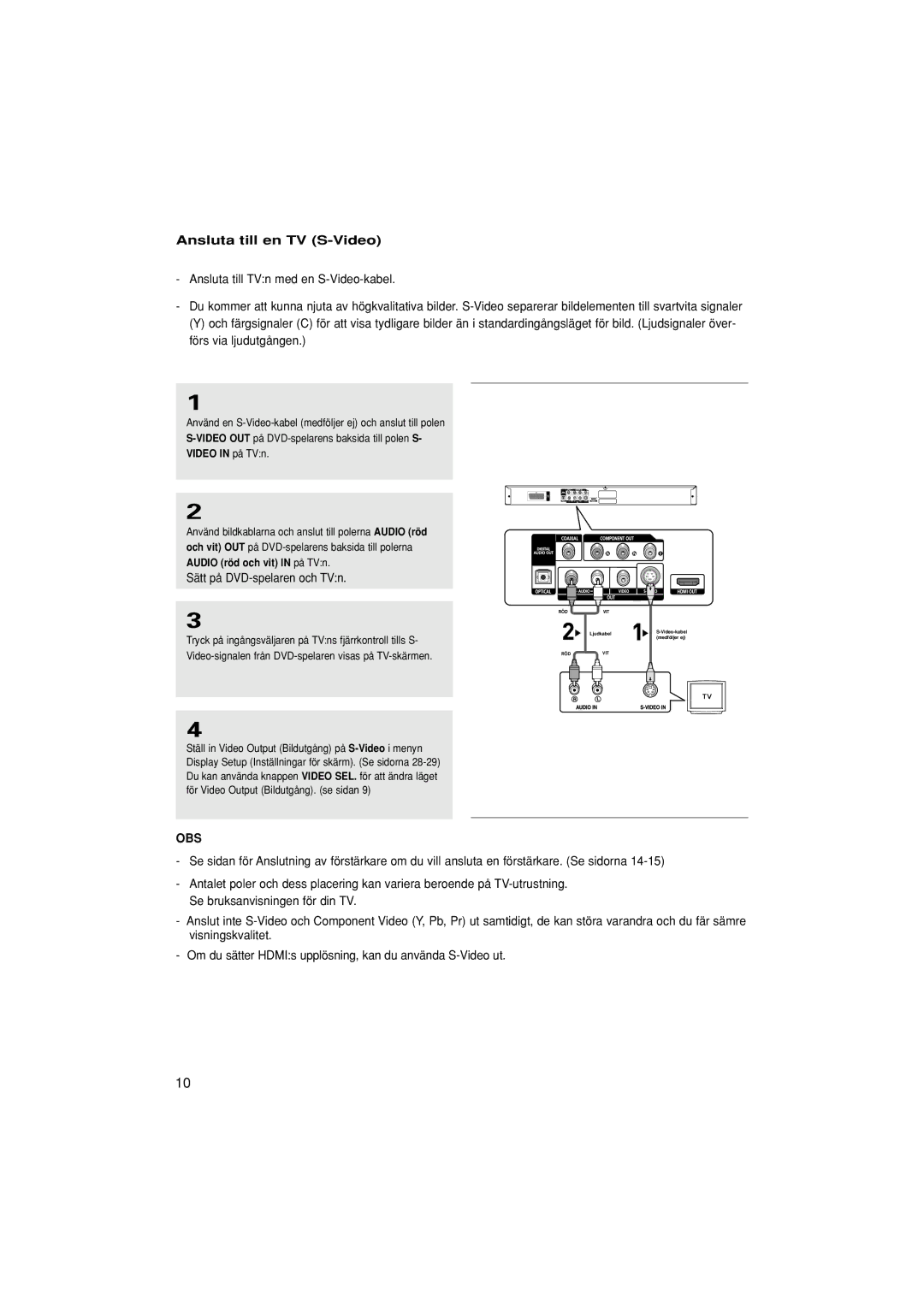 Samsung DVD-1080P7/XEE manual Ansluta till en TV S-Video, Sätt på DVD-spelaren och TVn 