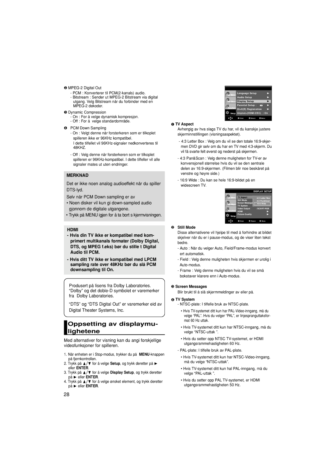 Samsung DVD-1080P7/XEE manual Oppsetting av displaymu- lighetene, Blir brukt til å slå skjermmeldinger av eller på 