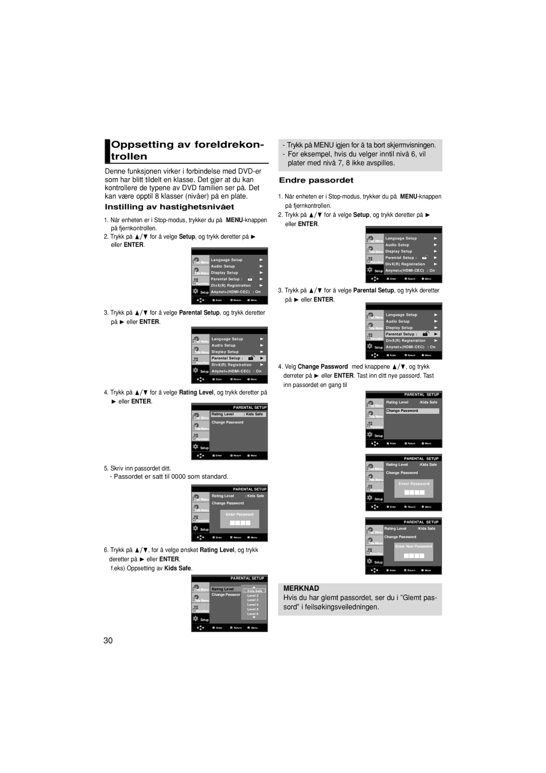 Samsung DVD-1080P7/XEE manual Oppsetting av foreldrekon- trollen, Instilling av hastighetsnivået, Endre passordet 