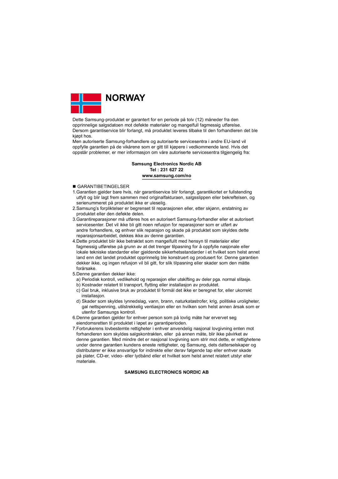 Samsung DVD-1080P7/XEE manual Norway 