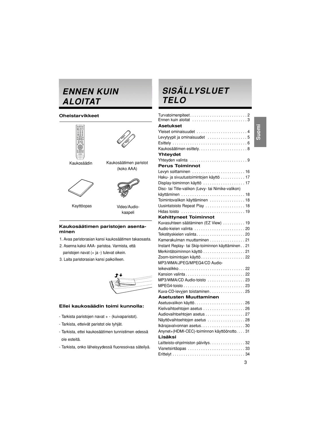 Samsung DVD-1080P7/XEE manual Ennen Kuin Aloitat, Sisällysluet Telo 