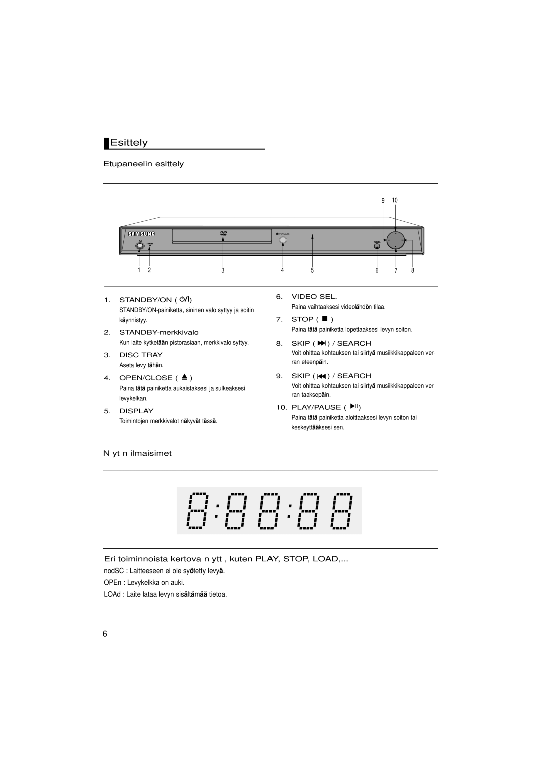 Samsung DVD-1080P7/XEE manual Esittely, Etupaneelin esittely, STANDBY-merkkivalo, Display 