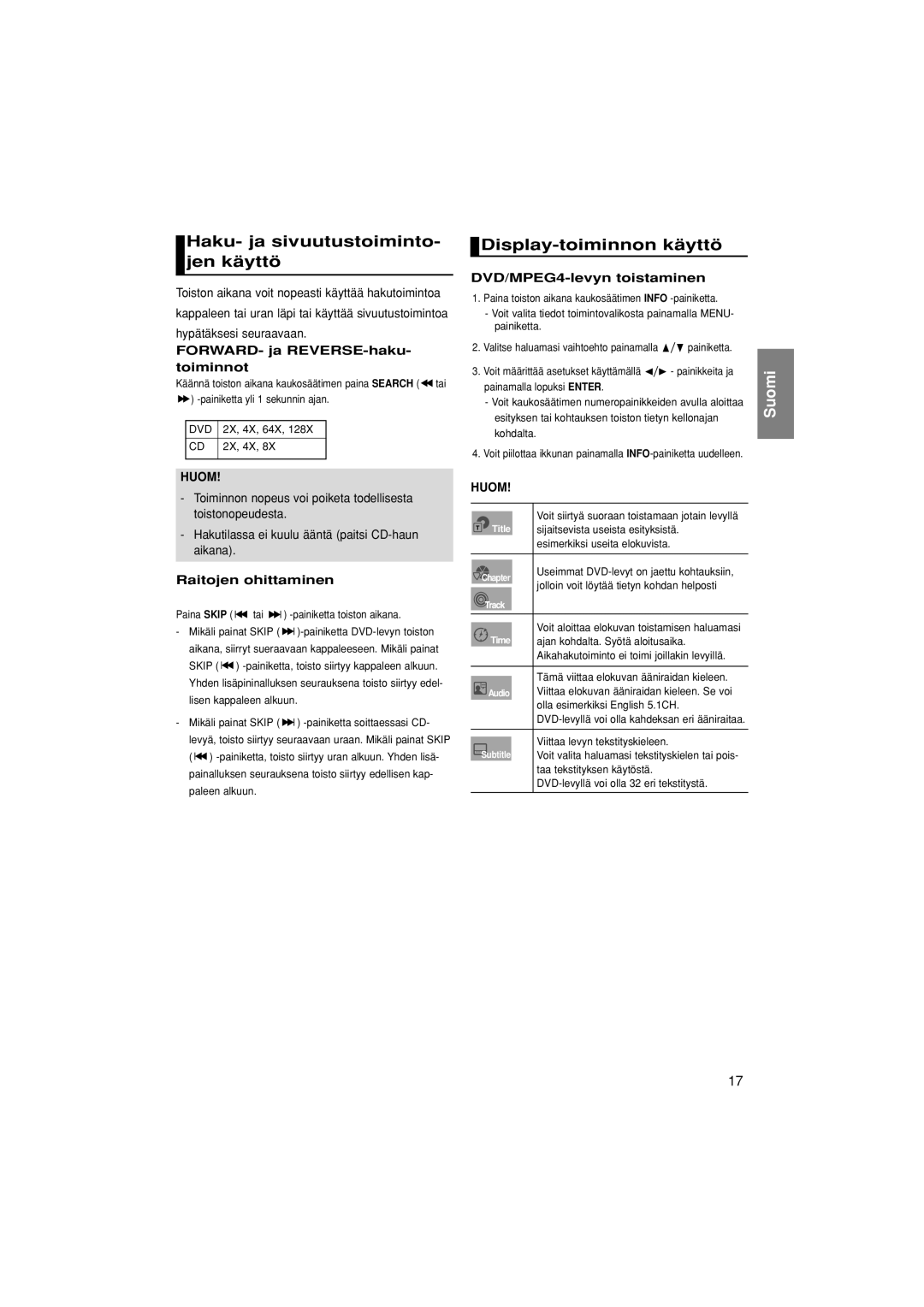 Samsung DVD-1080P7/XEE manual Haku- ja sivuutustoiminto- jen käyttö, Display-toiminnon käyttö, Raitojen ohittaminen 