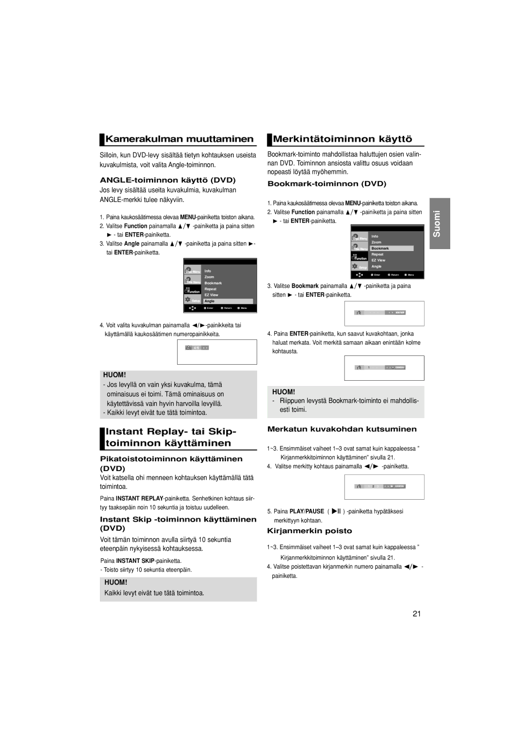 Samsung DVD-1080P7/XEE Kamerakulman muuttaminen, Merkintätoiminnon käyttö, Instant Replay- tai Skip- toiminnon käyttäminen 