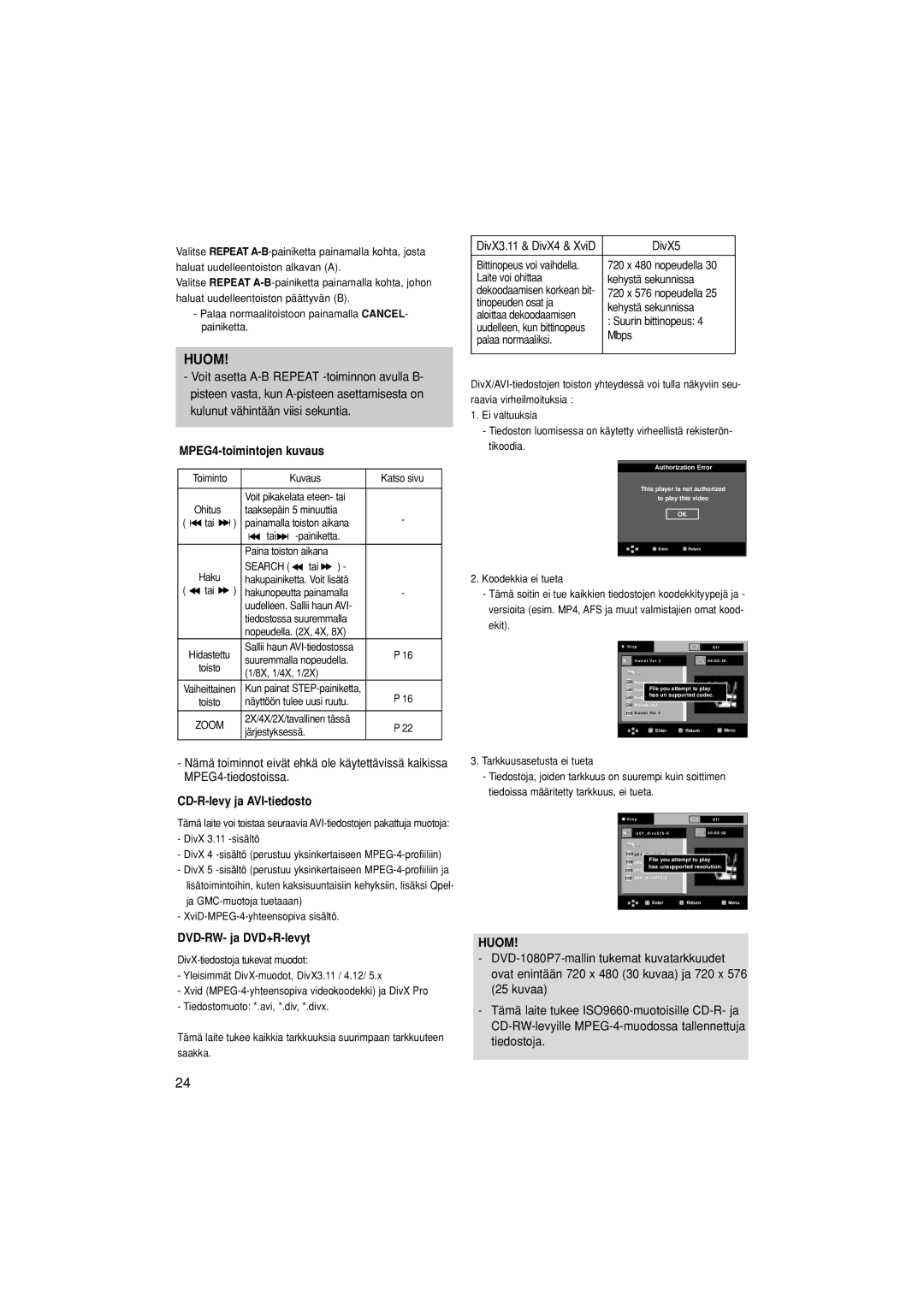 Samsung DVD-1080P7/XEE manual MPEG4-toimintojen kuvaus, CD-R-levy ja AVI-tiedosto, DVD-RW- ja DVD+R-levyt 