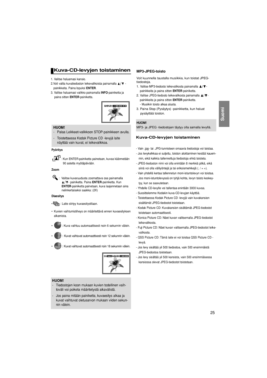 Samsung DVD-1080P7/XEE manual Kuva-CD-levyjen toistaminen, MP3-JPEG-toisto, Huom 