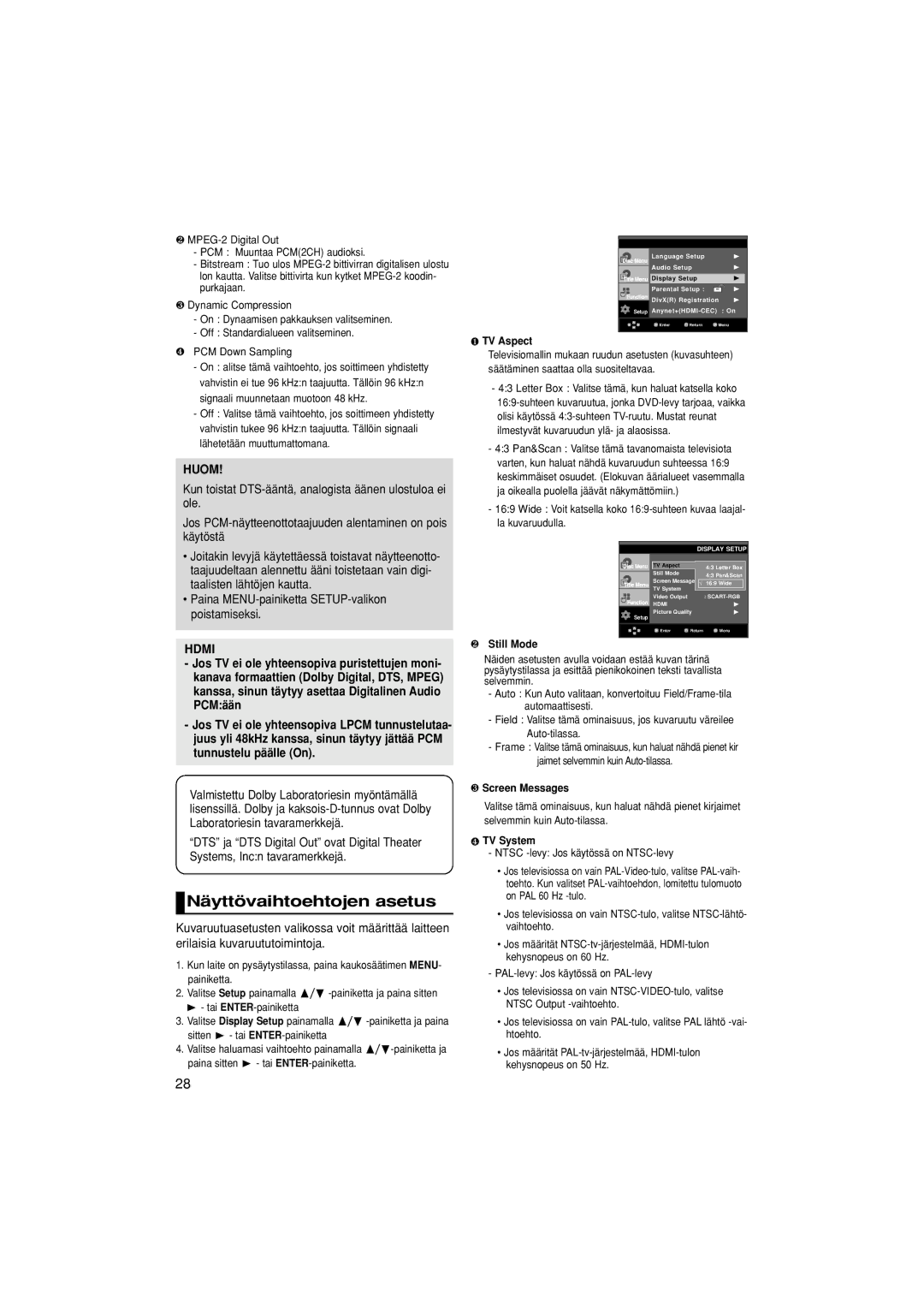 Samsung DVD-1080P7/XEE manual Näyttövaihtoehtojen asetus, Hdmi 