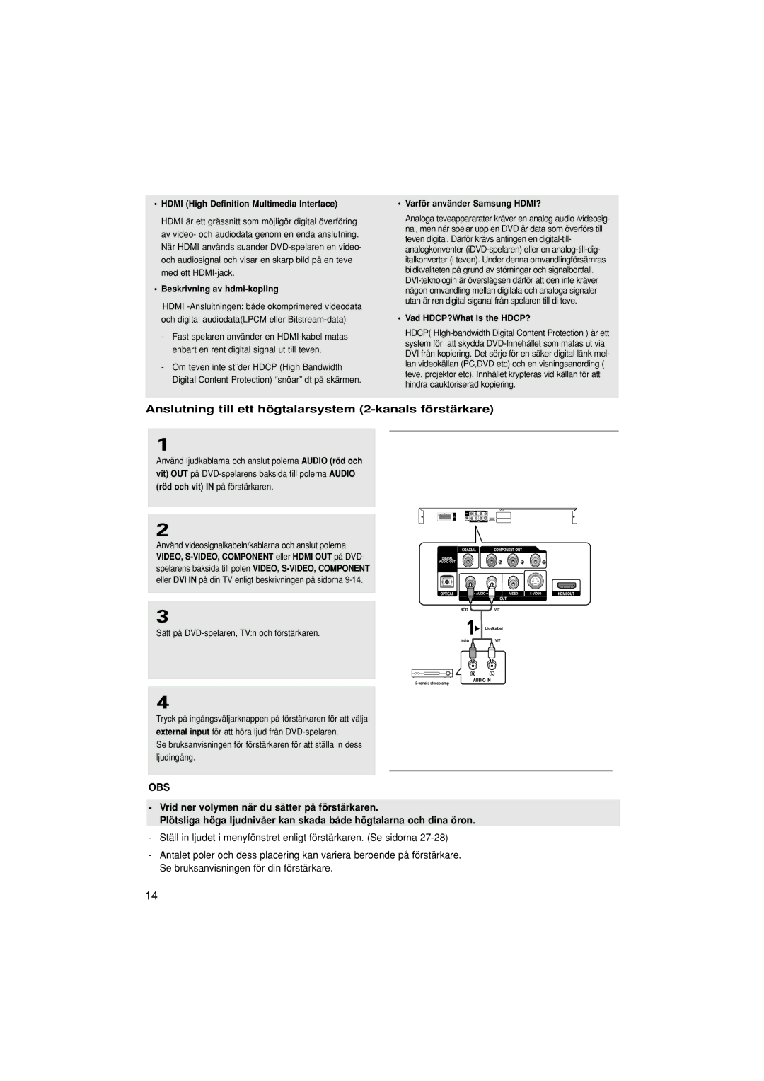 Samsung DVD-1080P7/XEE manual Anslutning till ett högtalarsystem 2-kanals förstärkare 