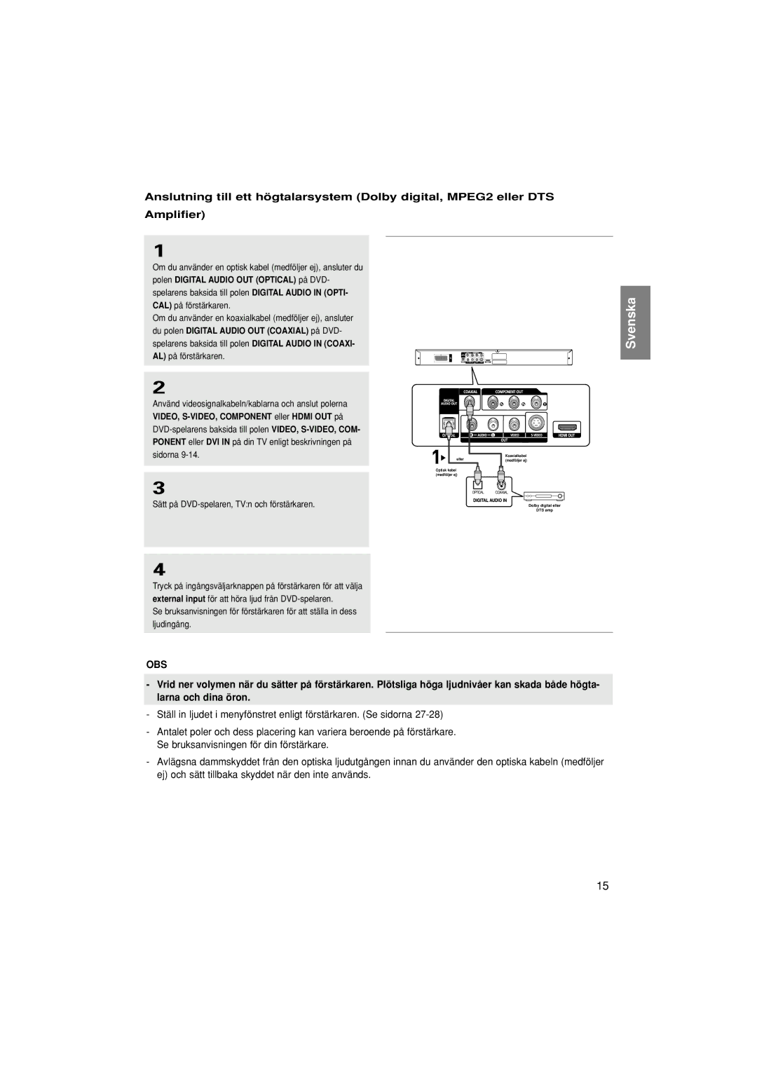 Samsung DVD-1080P7/XEE Om du använder en optisk kabel medföljer ej, ansluter du, Polen Digital Audio OUT Optical på DVD 