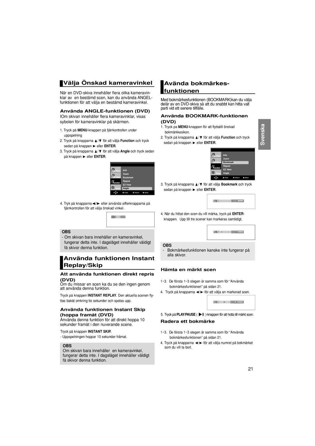 Samsung DVD-1080P7/XEE Välja Önskad kameravinkel, Avända bokmärkes- funktionen, Använda funktionen Instant Replay/Skip 