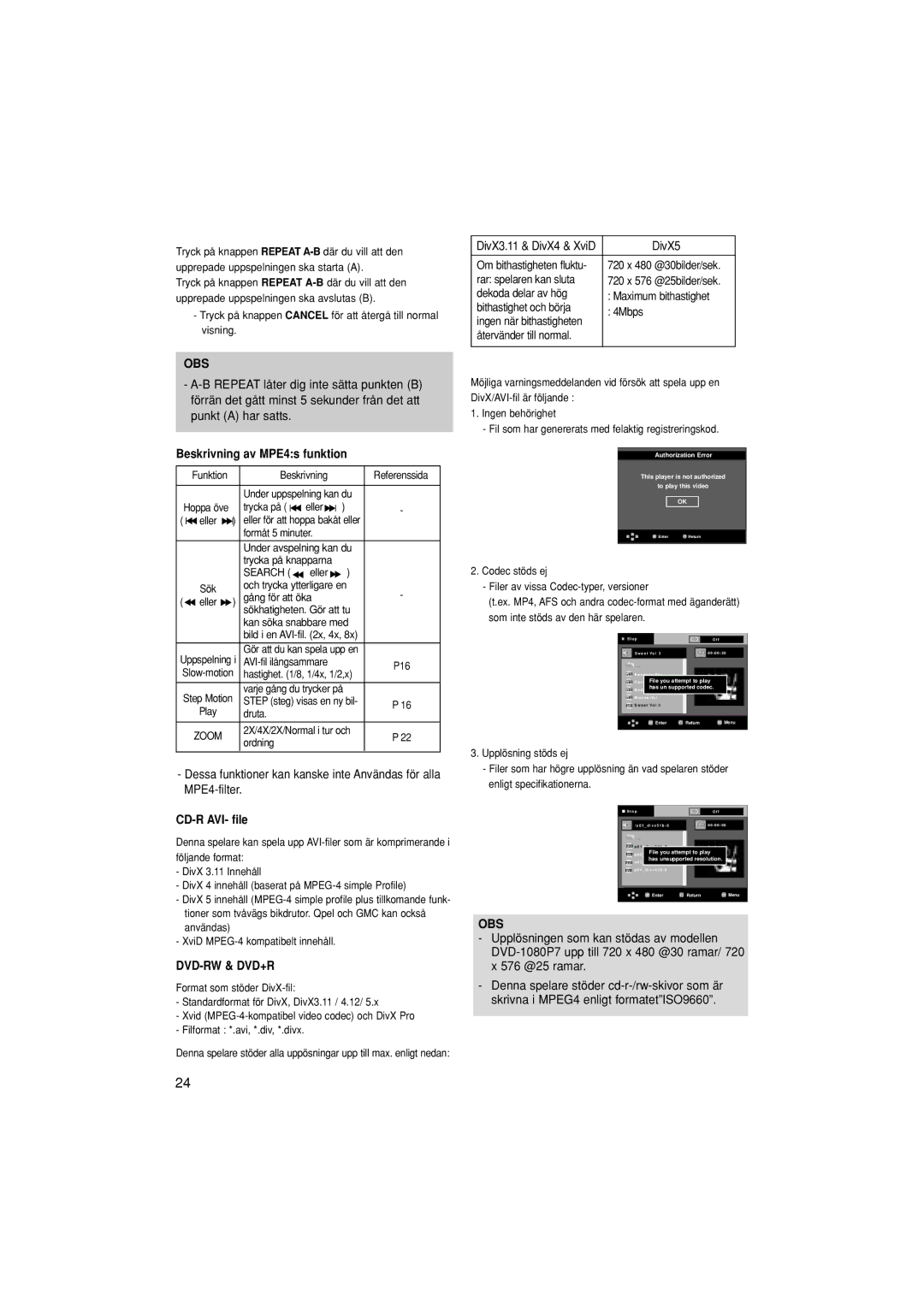 Samsung DVD-1080P7/XEE manual DivX5, Beskrivning av MPE4s funktion, CD-R AVI- file, Dvd-Rw & Dvd+R 