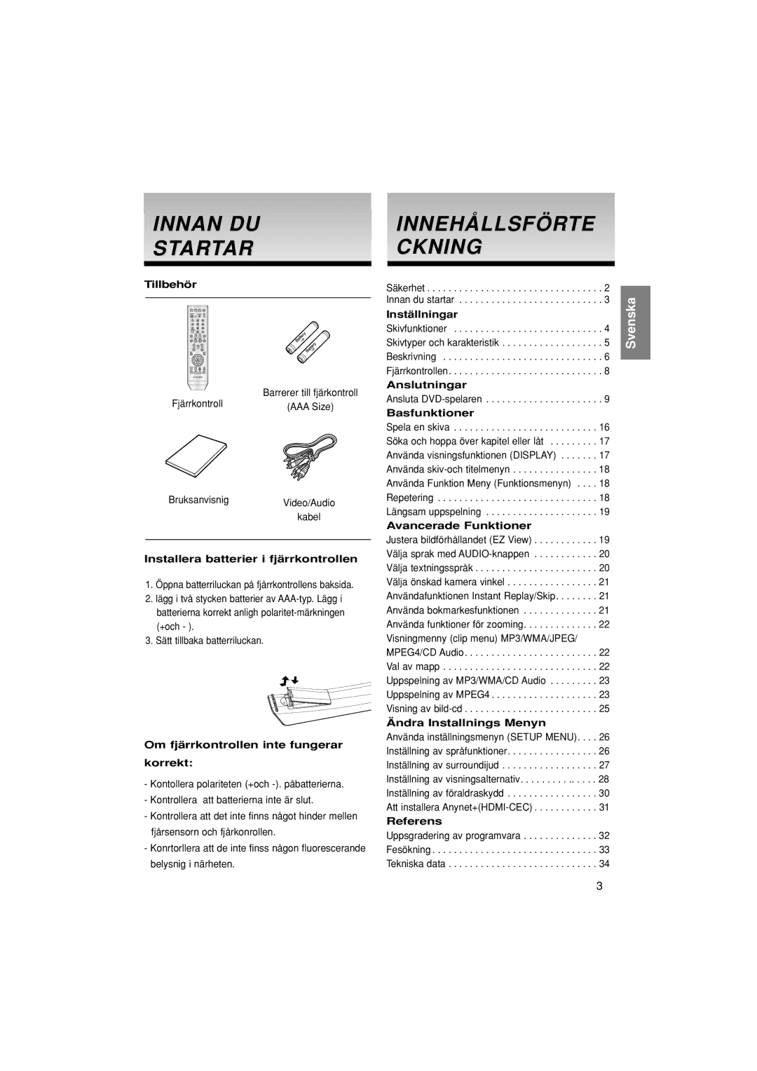 Samsung DVD-1080P7/XEE manual Innan DU Startar, Innehållsförte Ckning 