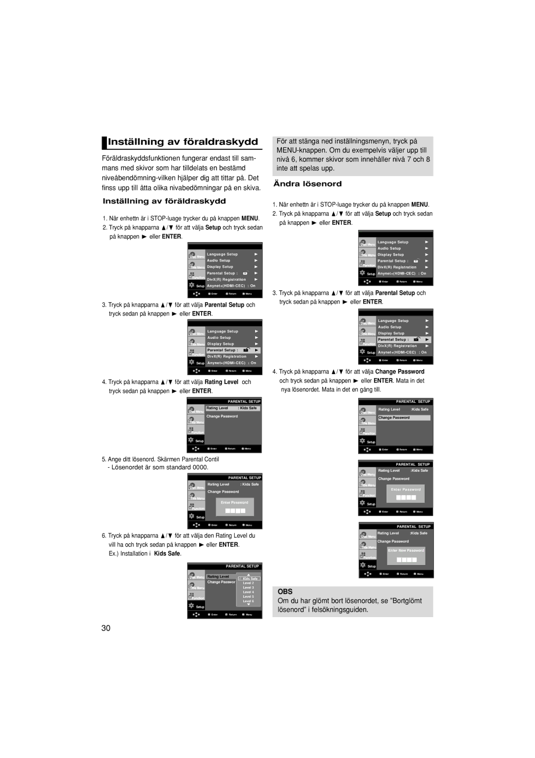 Samsung DVD-1080P7/XEE manual Inställning av föraldraskydd, Inställning av föräldraskydd, Ändra lösenord 