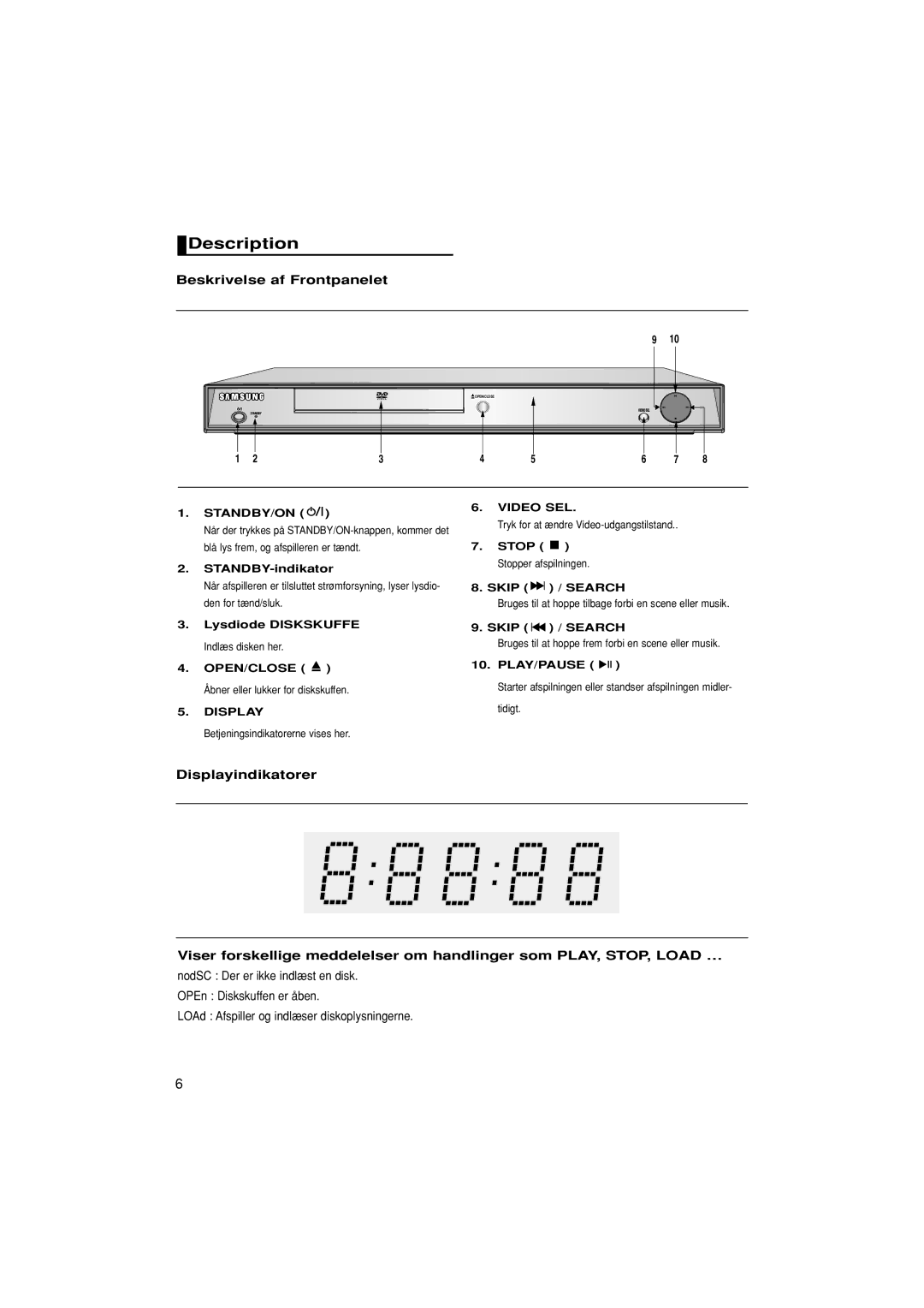 Samsung DVD-1080P7/XEE manual Description, Beskrivelse af Frontpanelet, Lysdiode Diskskuffe Indlæs disken her OPEN/CLOSE 