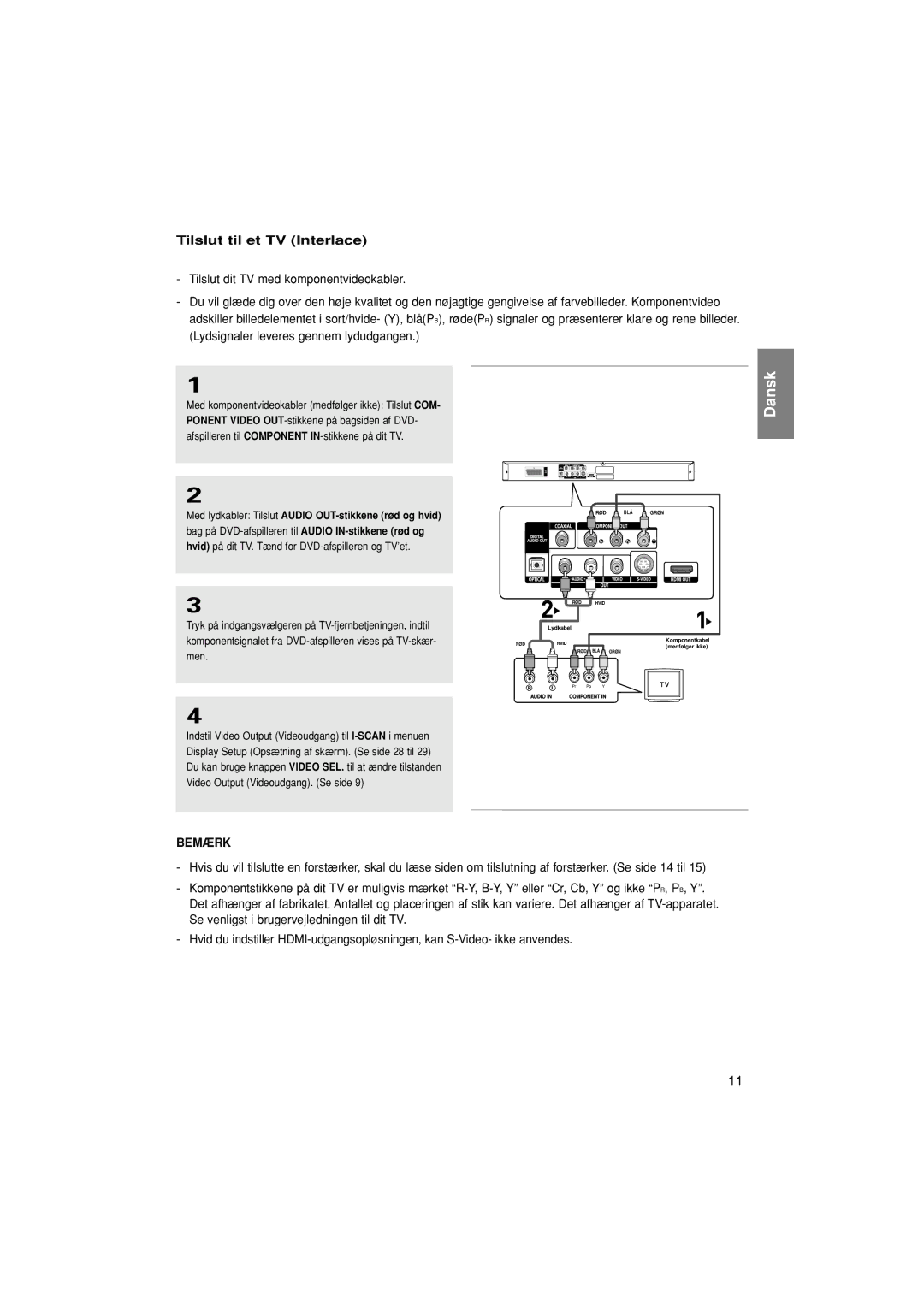 Samsung DVD-1080P7/XEE manual Tilslut til et TV Interlace, Tryk på indgangsvælgeren på TV-fjernbetjeningen, indtil 