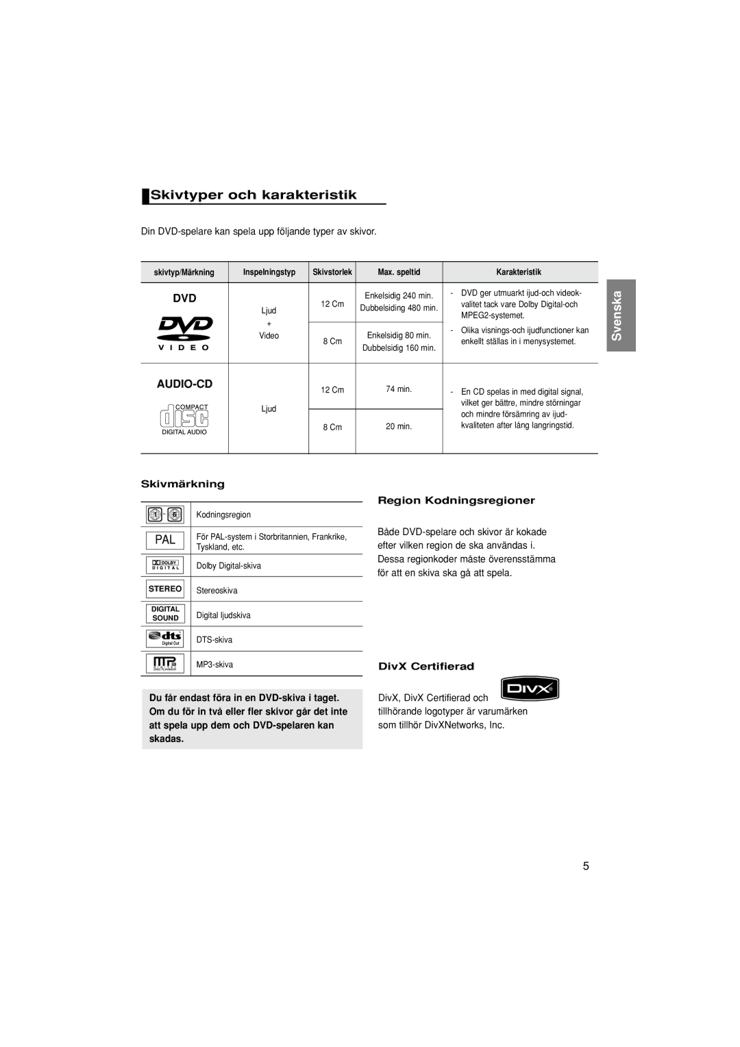 Samsung DVD-1080P7/XEE Skivtyper och karakteristik, Din DVD-spelare kan spela upp följande typer av skivor, Skivmärkning 