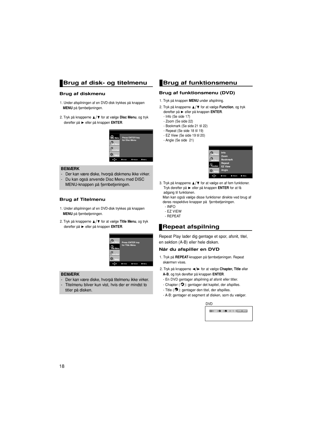 Samsung DVD-1080P7/XEE manual Brug af disk- og titelmenu, Brug af funktionsmenu, Repeat afspilning 