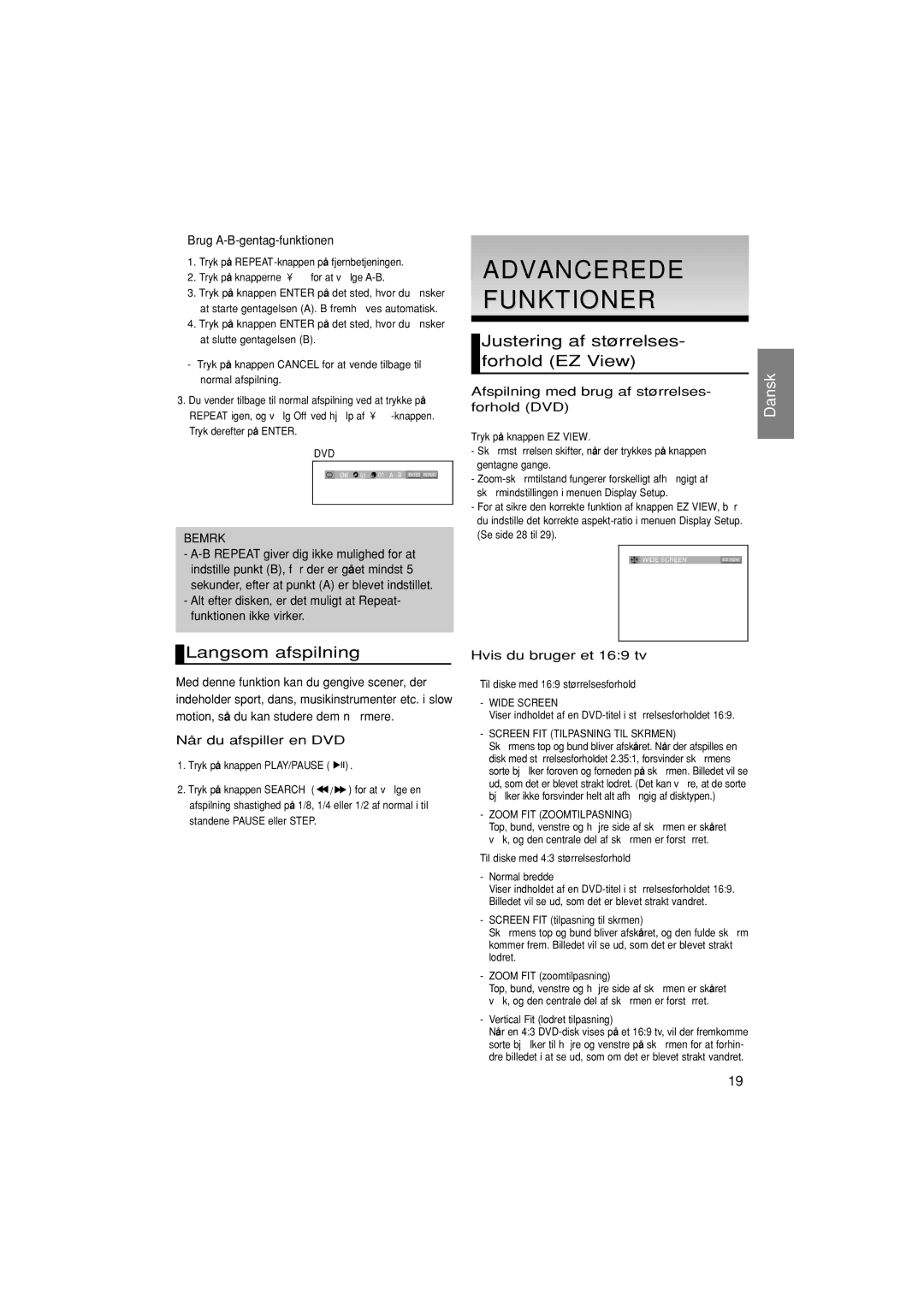 Samsung DVD-1080P7/XEE manual Advancerede Funktioner, Langsom afspilning, Justering af størrelses- forhold EZ View 