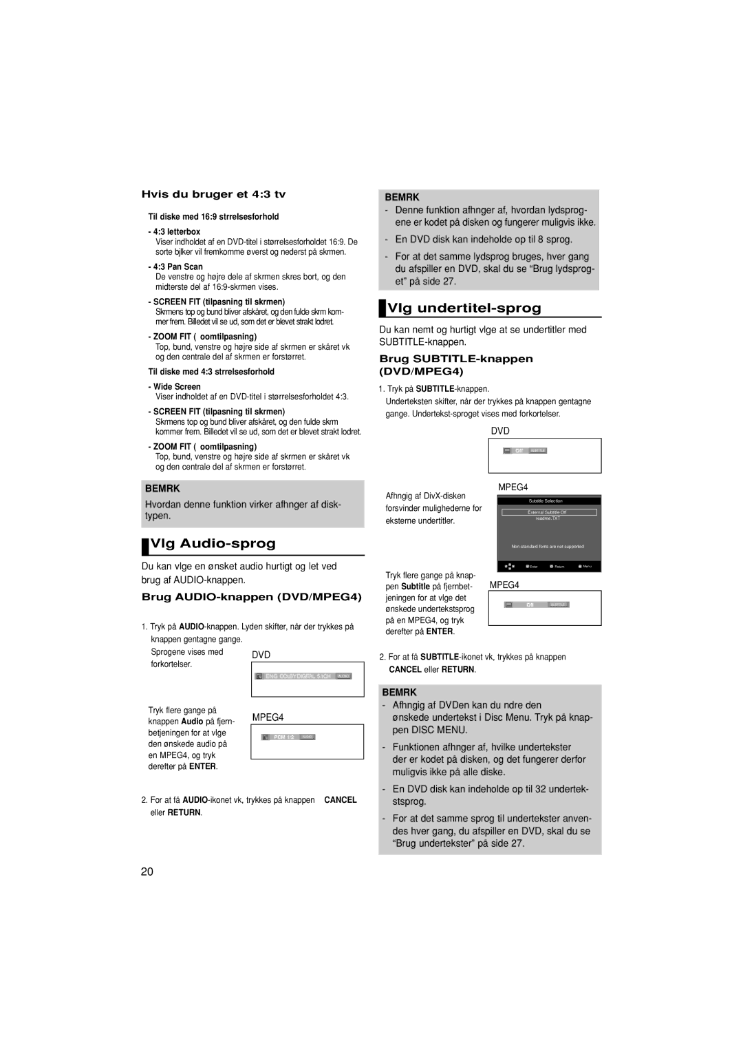 Samsung DVD-1080P7/XEE Vælg undertitel-sprog, Vælg Audio-sprog, Hvis du bruger et 43 tv, Brug SUBTITLE-knappen DVD/MPEG4 