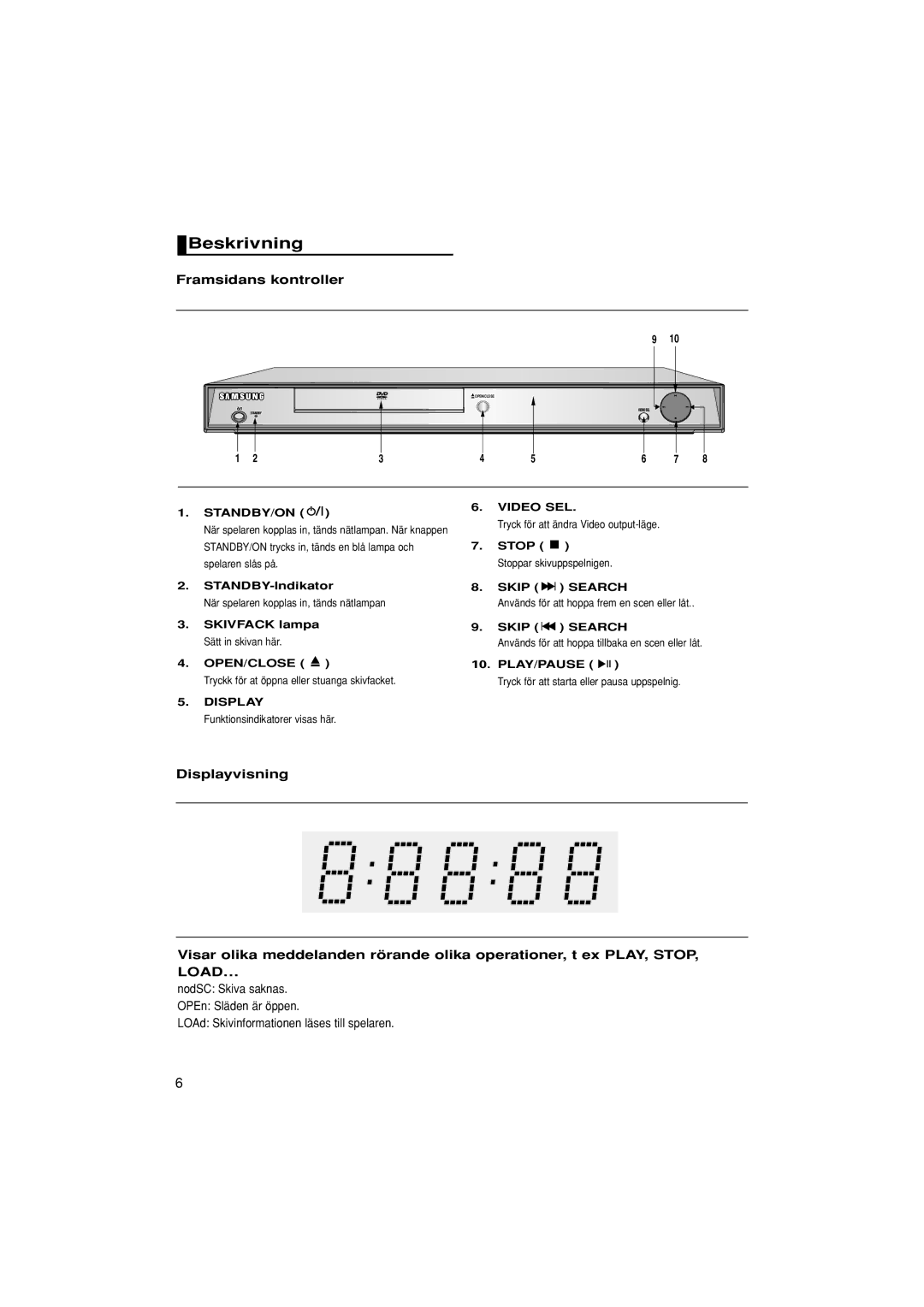 Samsung DVD-1080P7/XEE manual Beskrivning, Framsidans kontroller, STANDBY/ON Video SEL 