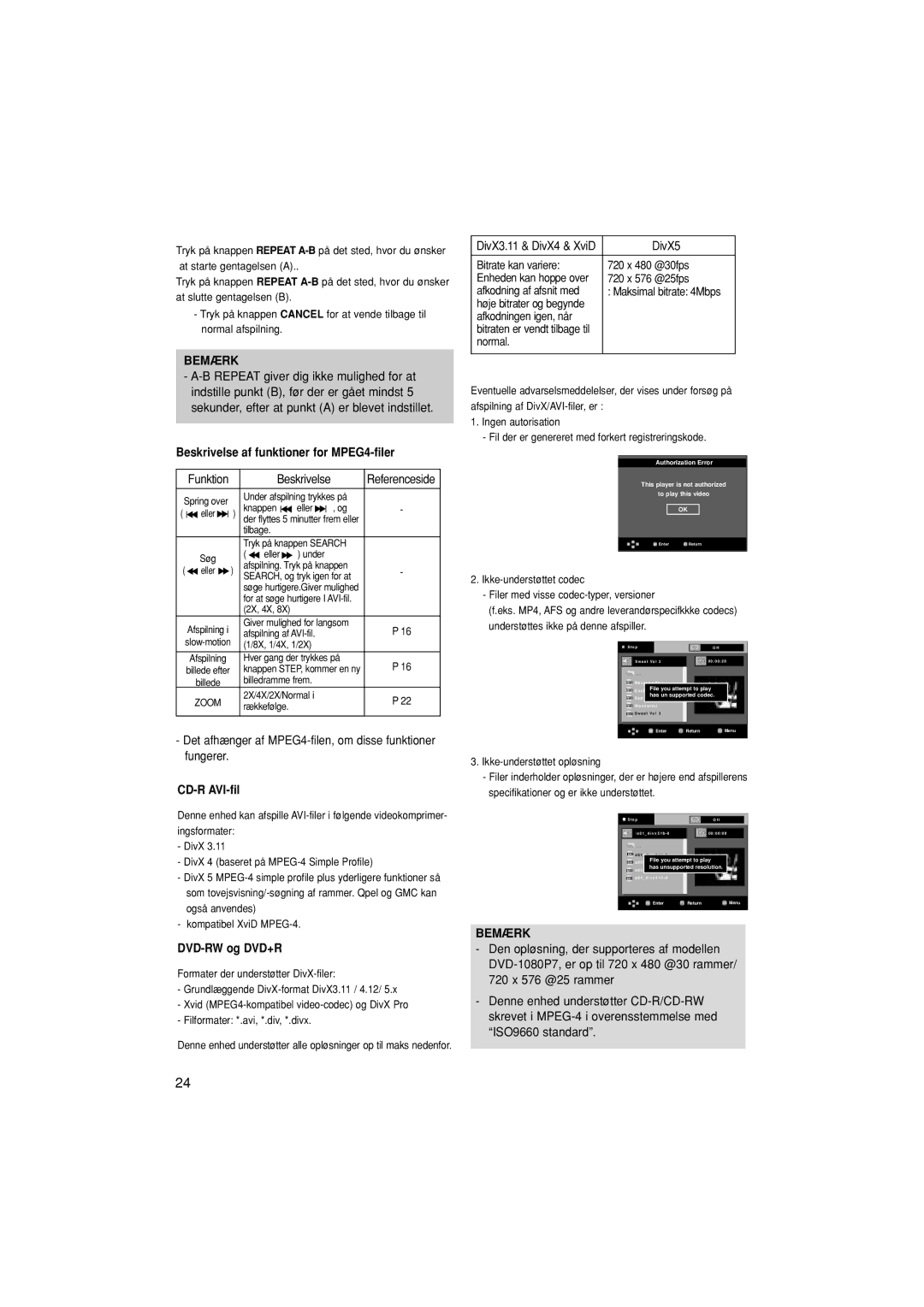 Samsung DVD-1080P7/XEE manual Beskrivelse af funktioner for MPEG4-filer, CD-R AVI-fil, DVD-RW og DVD+R 