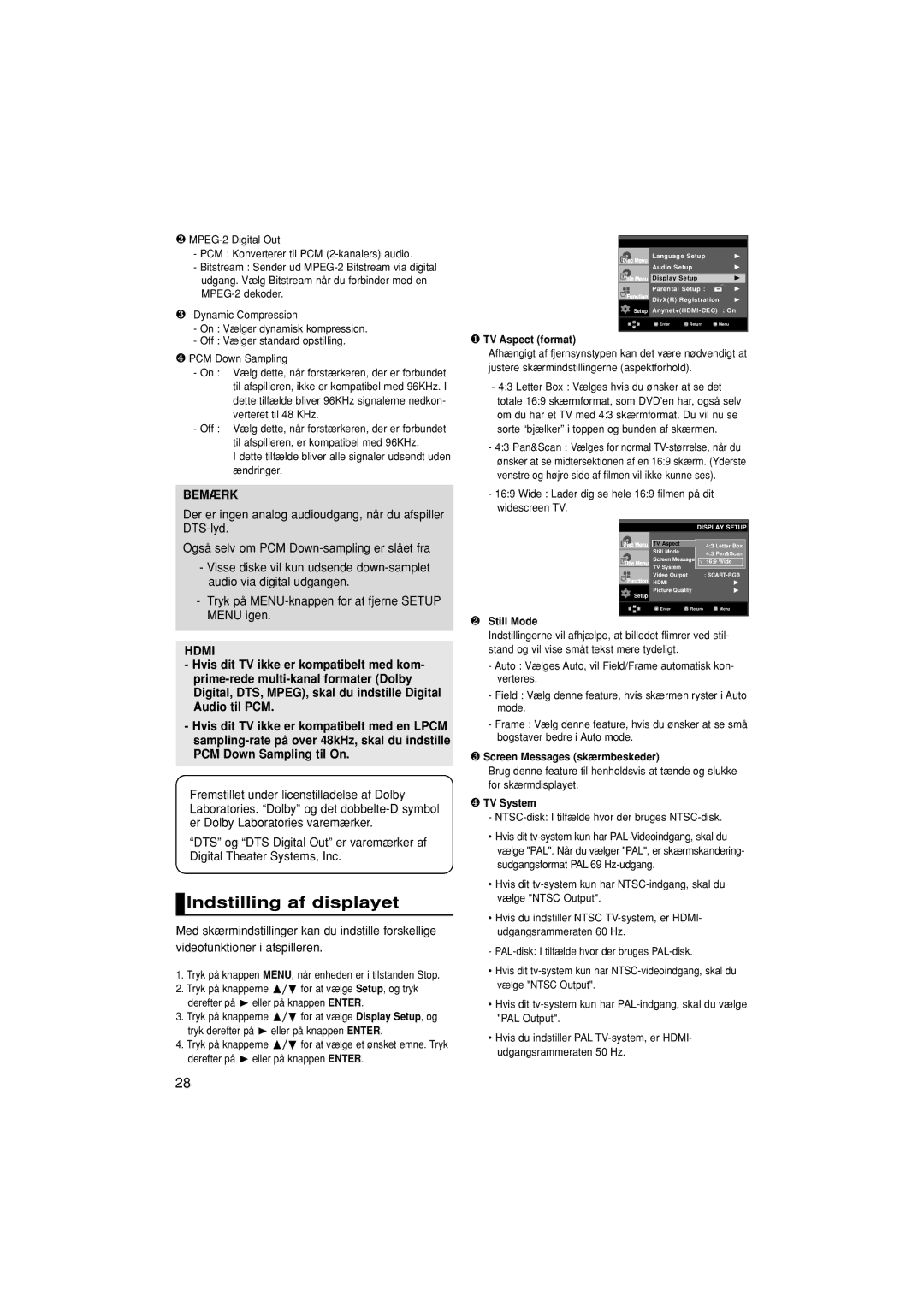 Samsung DVD-1080P7/XEE manual Indstilling af displayet, Der er ingen analog audioudgang, når du afspiller 