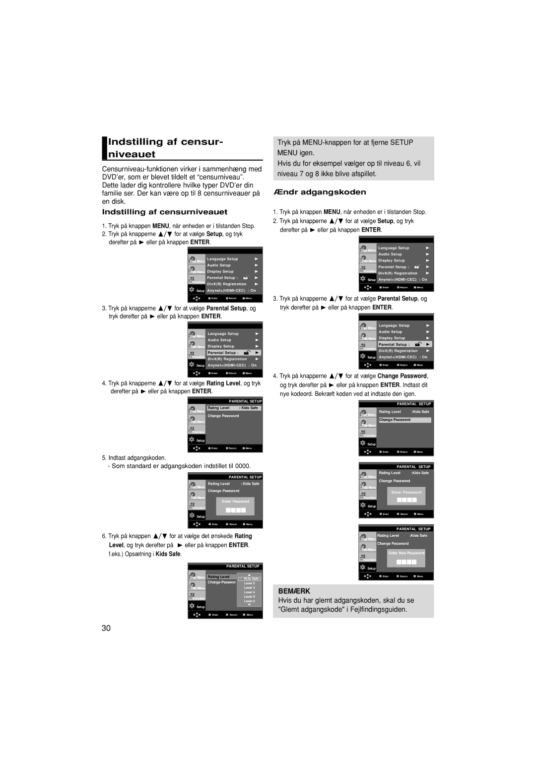 Samsung DVD-1080P7/XEE manual Indstilling af censur- niveauet, Indstilling af censurniveauet, Ændr adgangskoden 