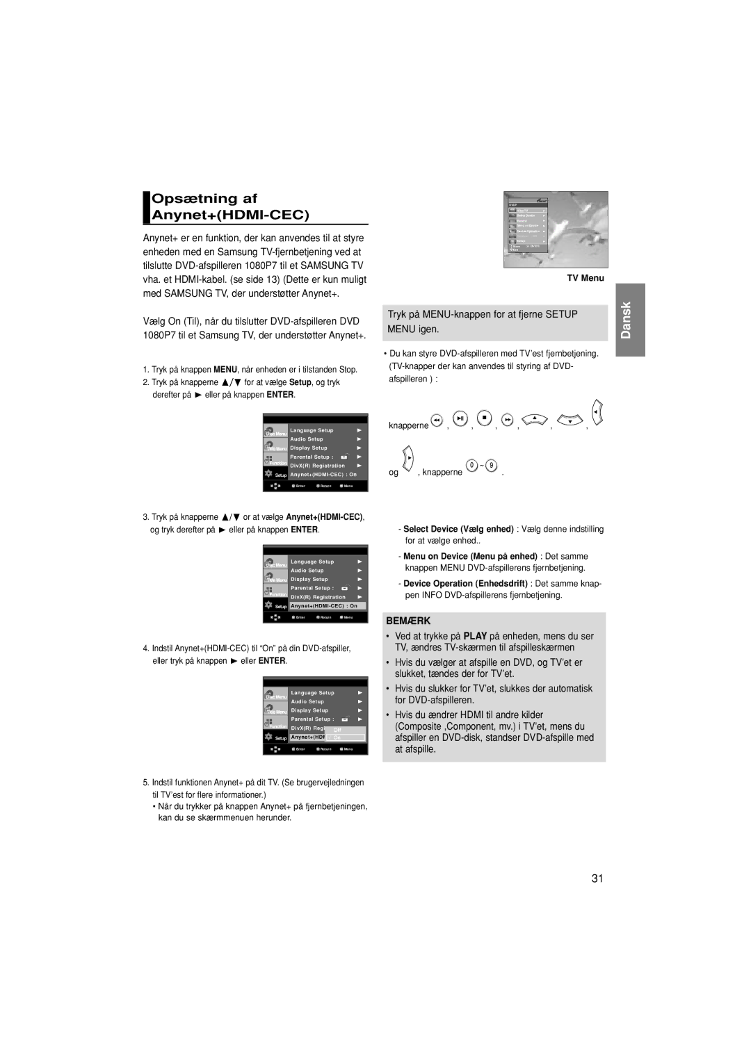 Samsung DVD-1080P7/XEE manual Opsætning af Anynet+HDMI-CEC, TV Menu 