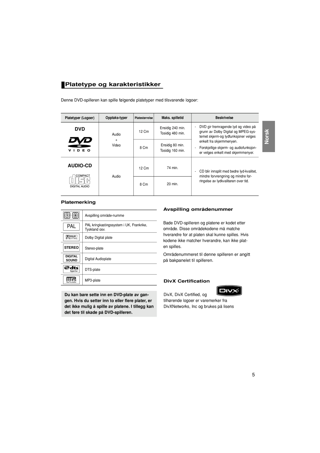 Samsung DVD-1080P7/XEE manual Platetype og karakteristikker, Platemerking, Avspilling områdenummer, DivX Certification 