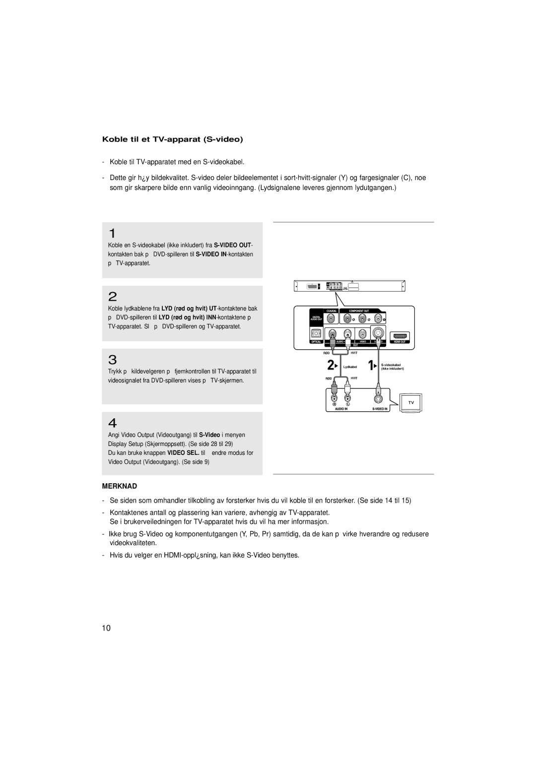 Samsung DVD-1080P7/XEE manual Koble til et TV-apparat S-video, Koble til TV-apparatet med en S-videokabel 