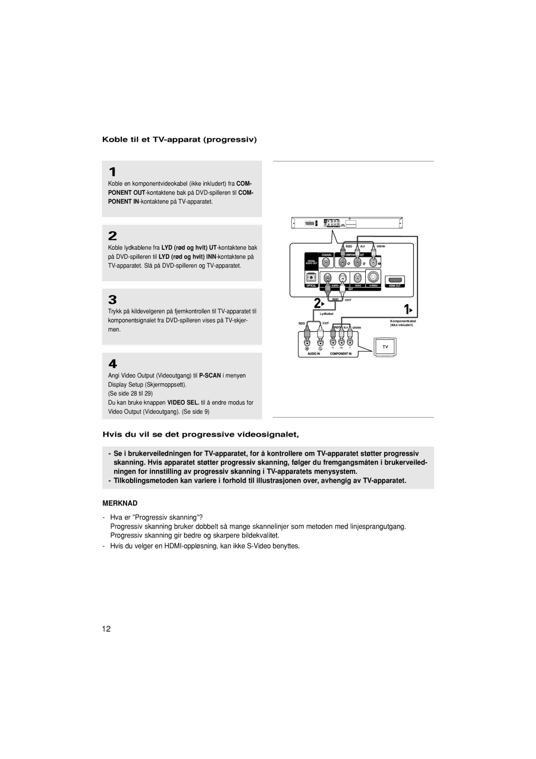 Samsung DVD-1080P7/XEE manual Koble til et TV-apparat progressiv, Hvis du vil se det progressive videosignalet 