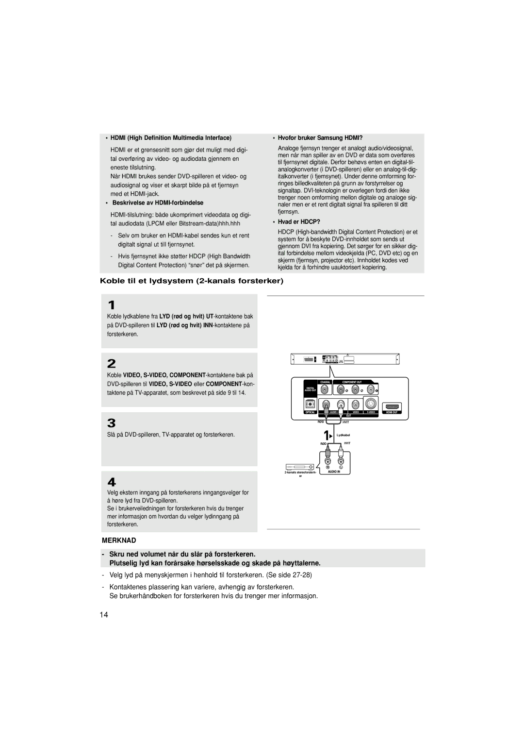 Samsung DVD-1080P7/XEE manual Koble til et lydsystem 2-kanals forsterker, Beskrivelse av HDMI-forbindelse 