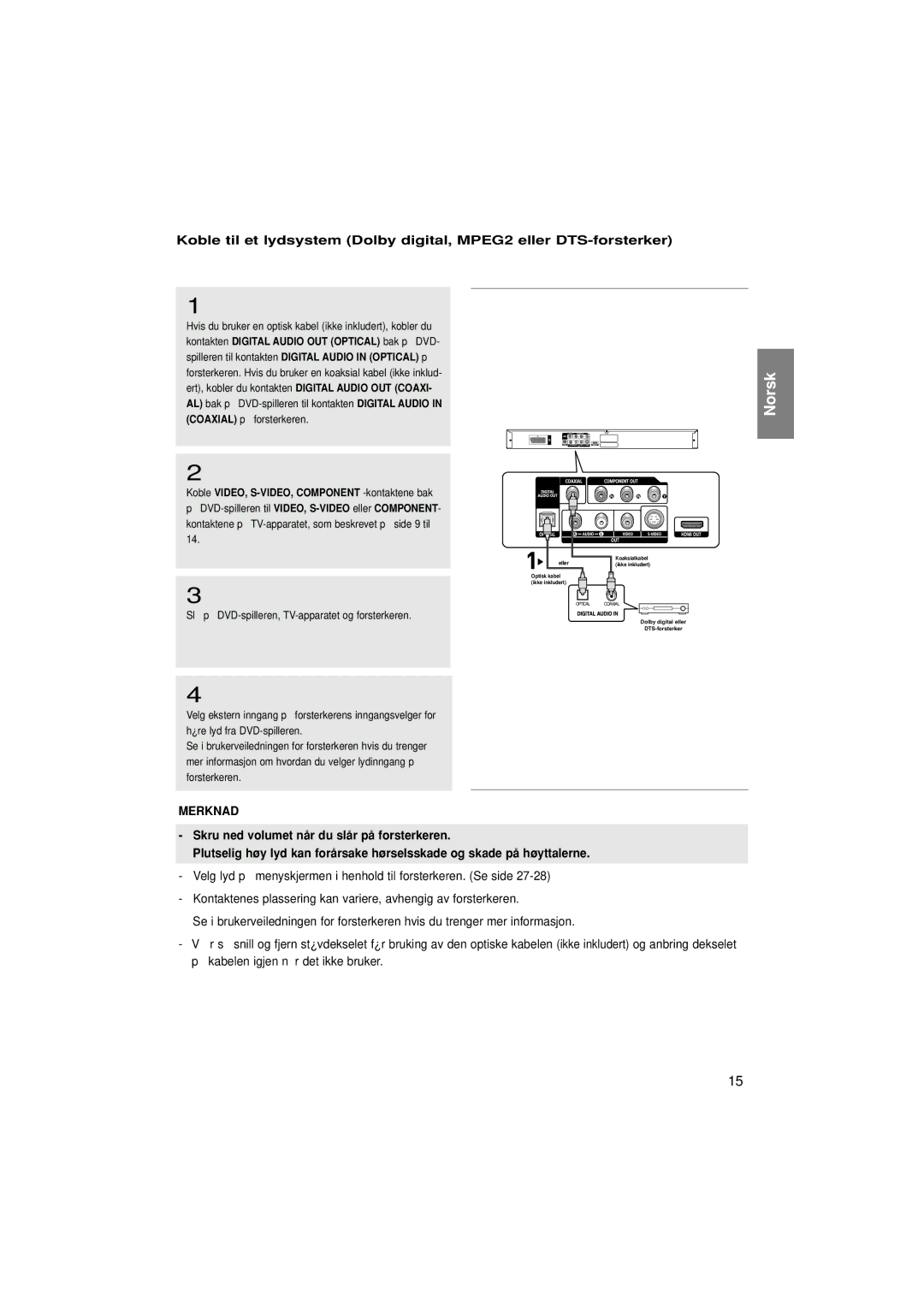 Samsung DVD-1080P7/XEE Koble VIDEO, S-VIDEO, Component -kontaktene bak, Slå på DVD-spilleren, TV-apparatet og forsterkeren 