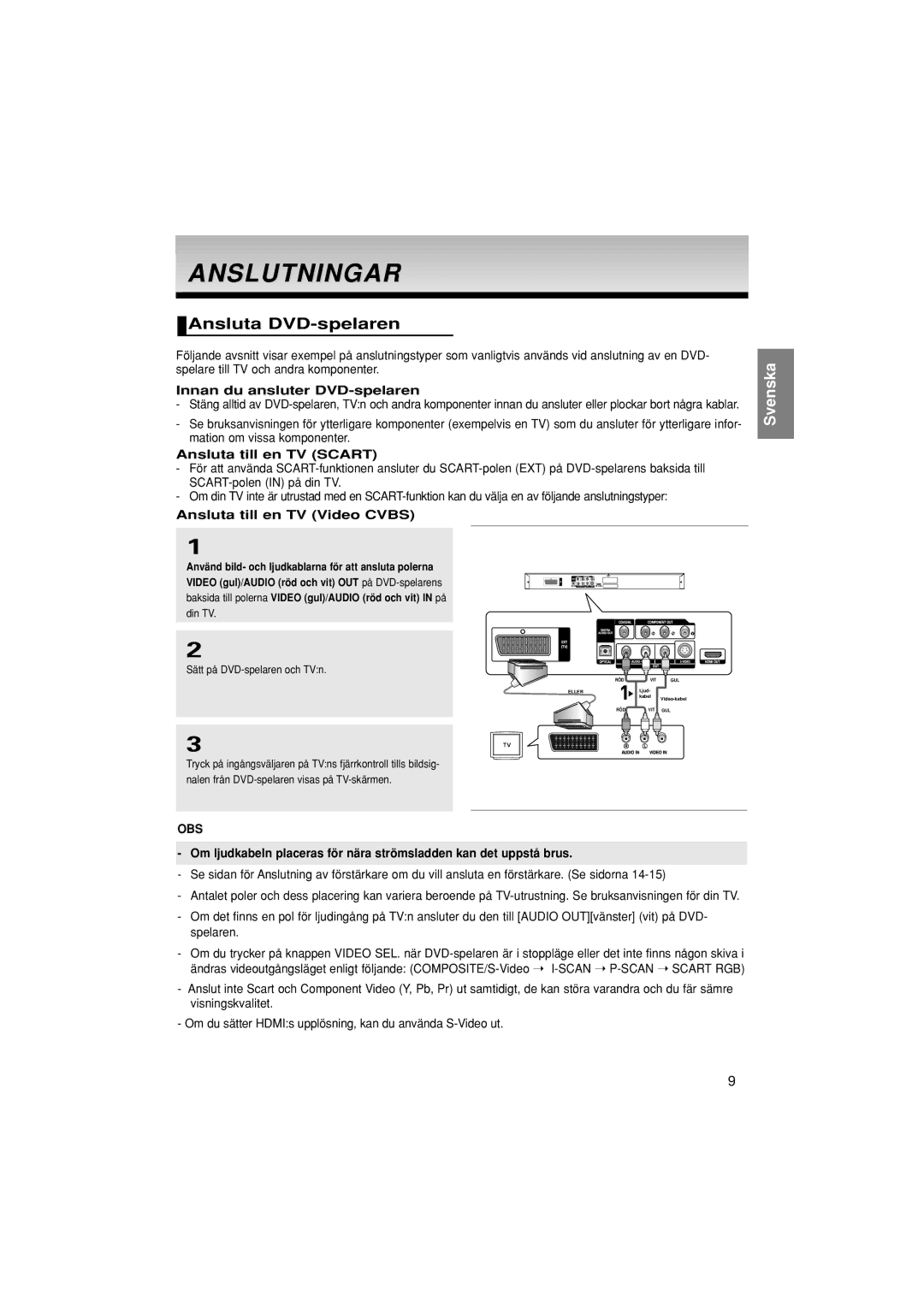 Samsung DVD-1080P7/XEE manual Anslutningar, Ansluta DVD-spelaren, Obs 