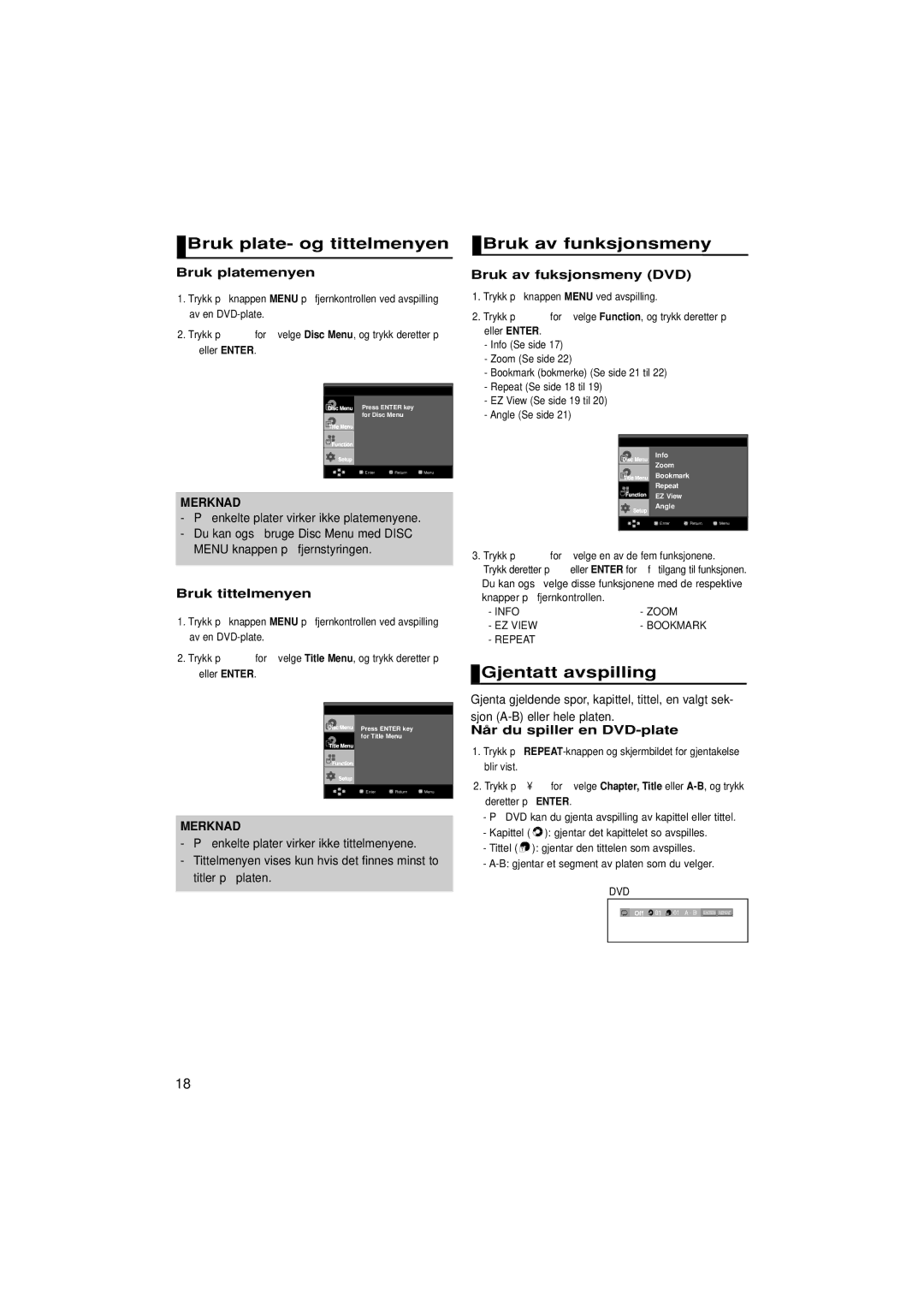 Samsung DVD-1080P7/XEE manual Bruk plate- og tittelmenyen, Bruk av funksjonsmeny, Gjentatt avspilling 