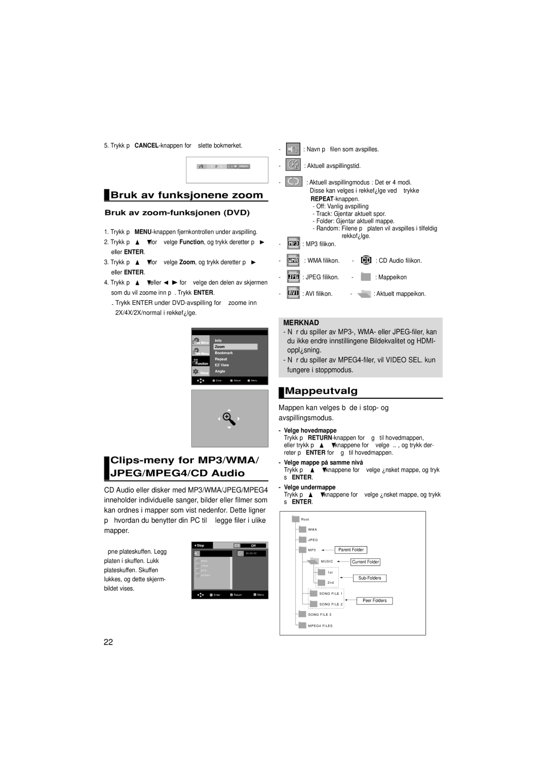 Samsung DVD-1080P7/XEE manual Bruk av funksjonene zoom, Clips-meny for MP3/WMA/ JPEG/MPEG4/CD Audio, Mappeutvalg 