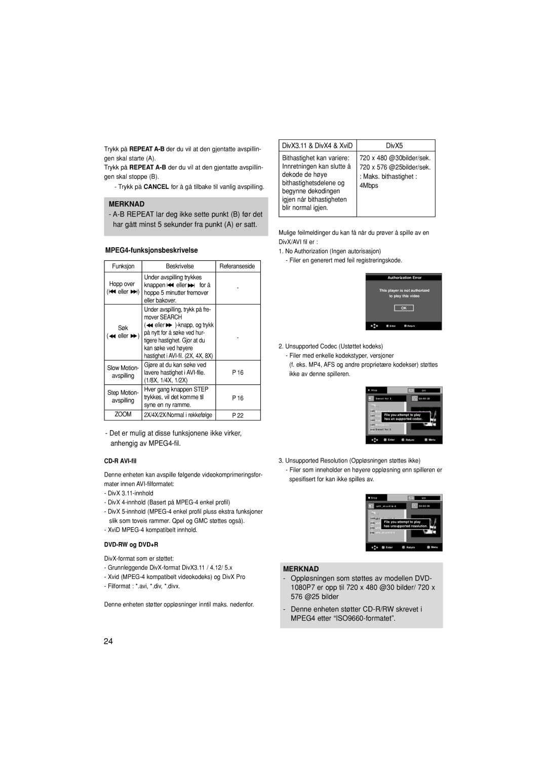 Samsung DVD-1080P7/XEE manual MPEG4-funksjonsbeskrivelse, CD-R AVI-fil, DVD-RW og DVD+R 