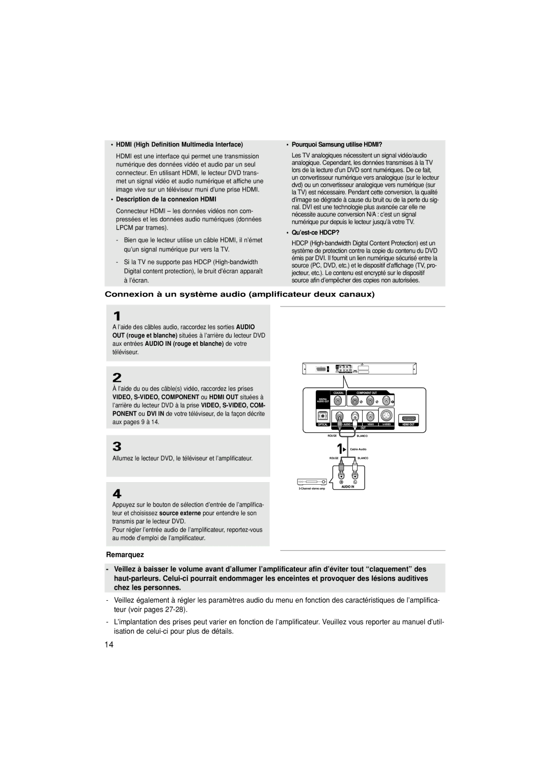 Samsung DVD-1080P7/XEF manual Connexion à un système audio amplificateur deux canaux, Remarquez 